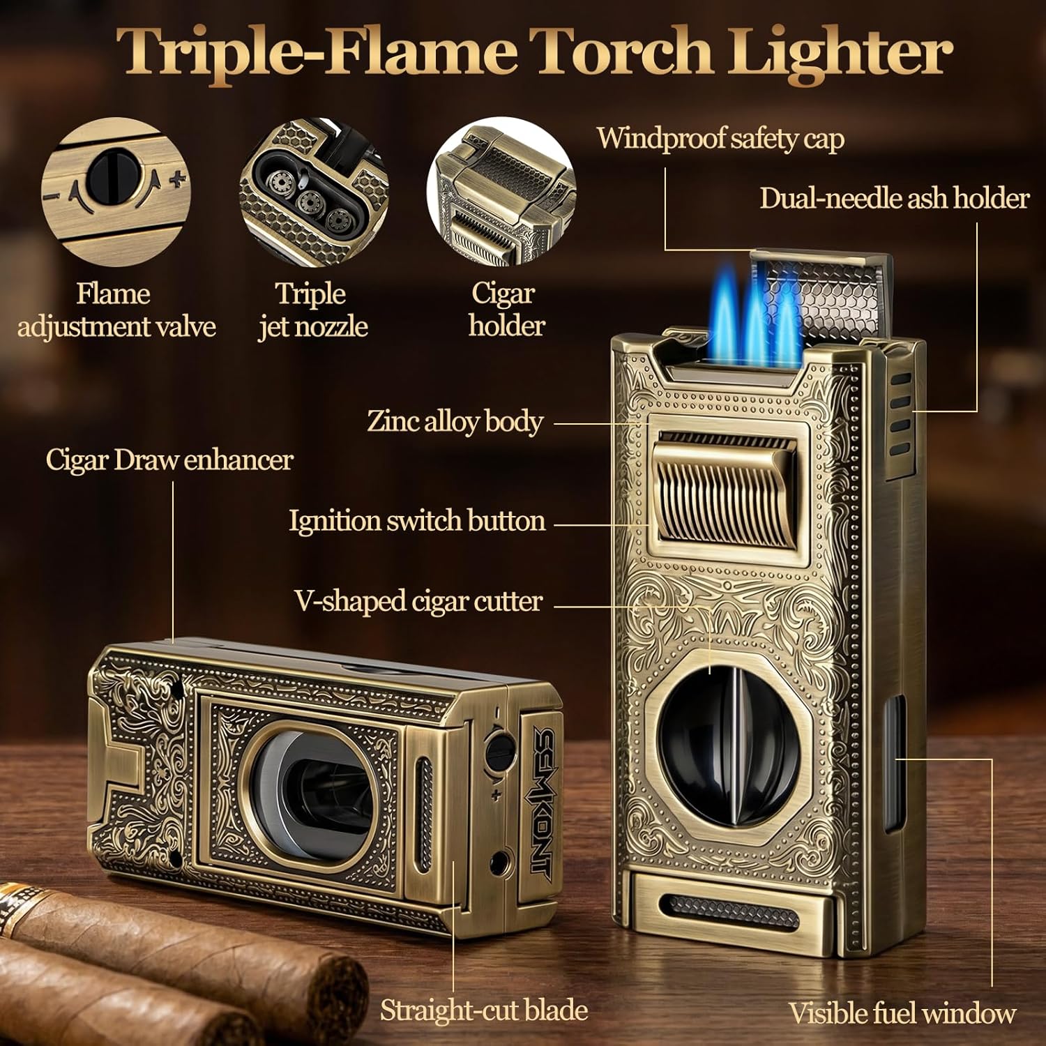 Cigar Lighter, Triple Jet Torch 6-in-1 Windproof Butane Lighter with V-Cutter, Straight Cutter, Cigar Holder, Draw Enhancer and Twin Nubber Cigar Accessory for Smoking in Gift Box