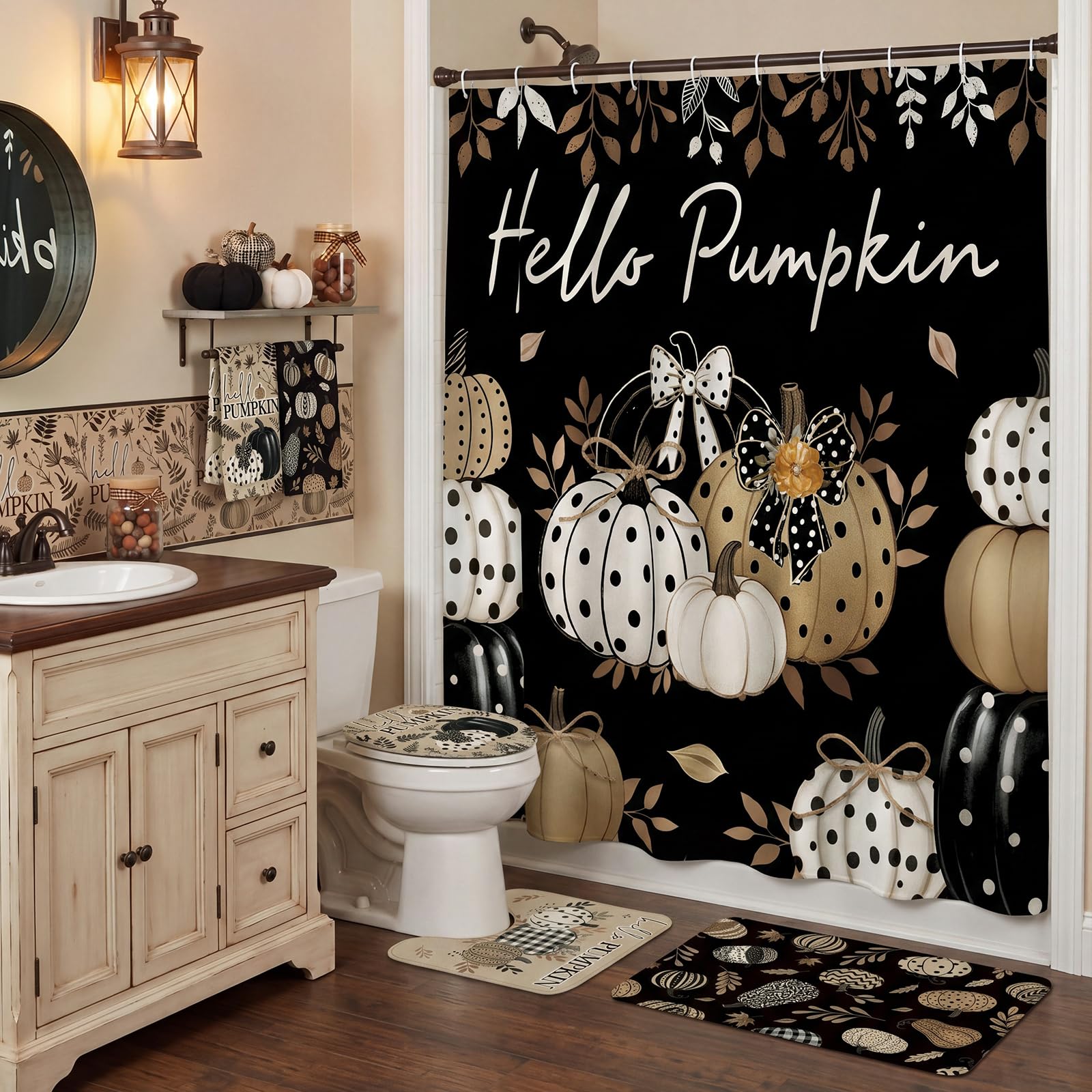 Hunnmingre 6 Pcs Fall Shower Curtain Sets, Black White Polka Dot Pumpkin