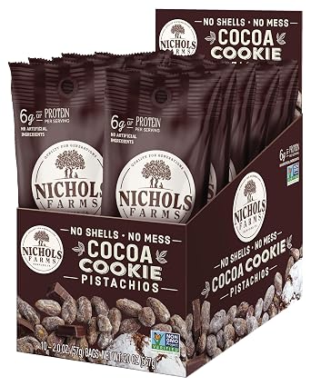 Nichols Farms Pistachios - Fresh Roasted No Shell Pistachios, Nutrient Rich Nuts Snack Packs, Non-GMO, California Grown, Healthy, Wonderful Tasting, Single Serve Multi-Pack - Cocoa Cookie