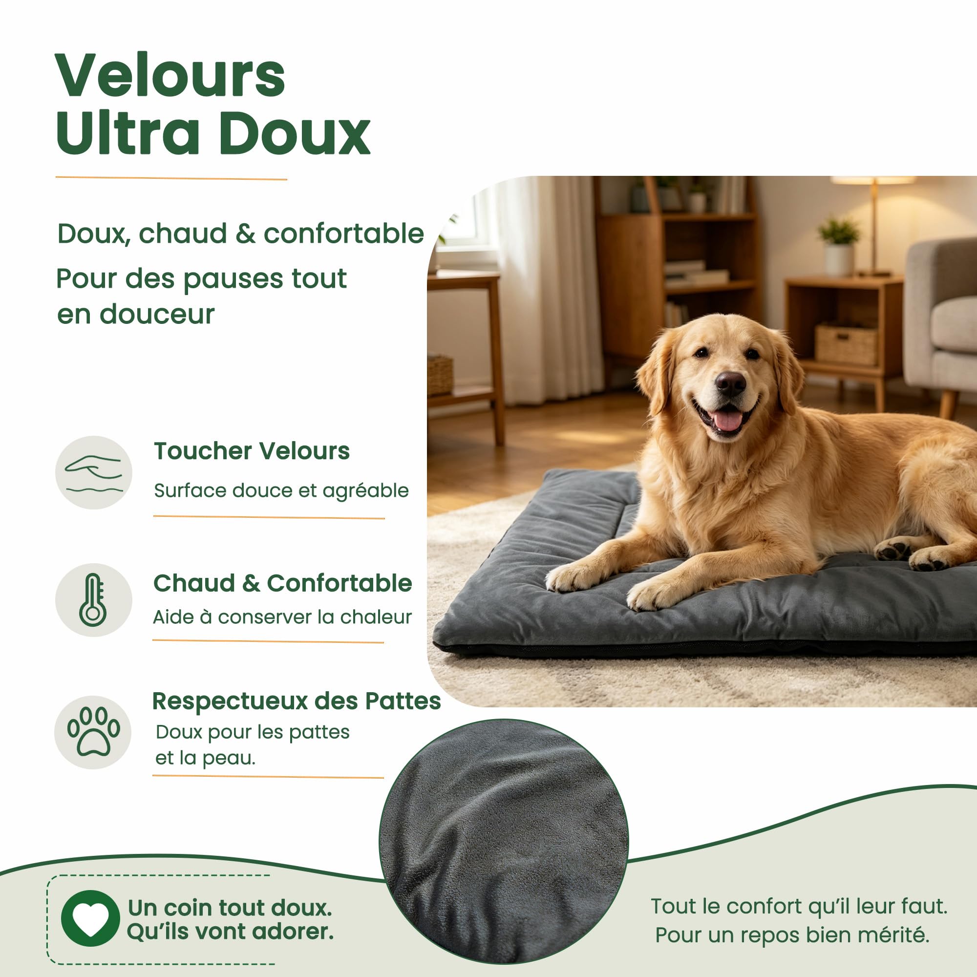 RovePad Cozy Tapis pour cage pour chien - 6 cm d'épaisseur - En velours - Dessous antidérapant en PVC - Lavable - Gris - Taille M