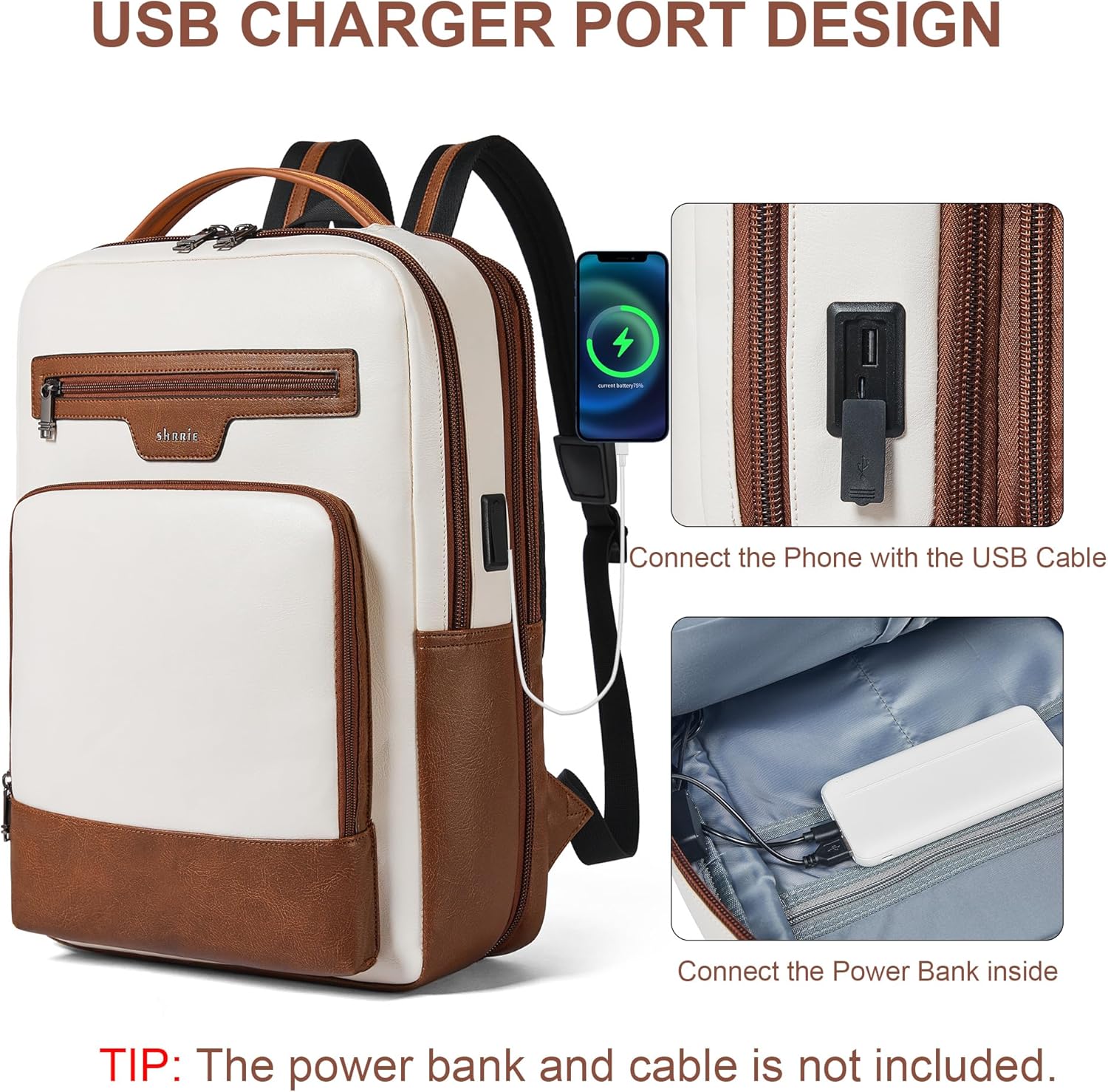 Shrrie Leather Laptop Backpack for Women and Men,28 L Travel Backpack Computer Bag Fits 16 inch Laptop,Expandable Casual Daypack with USB Port for Work Business Weekender College,Beige with Brown