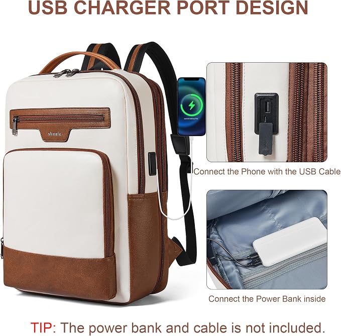 Mochila de cuero para laptop 28L expandible beige con marrón miniatura 6