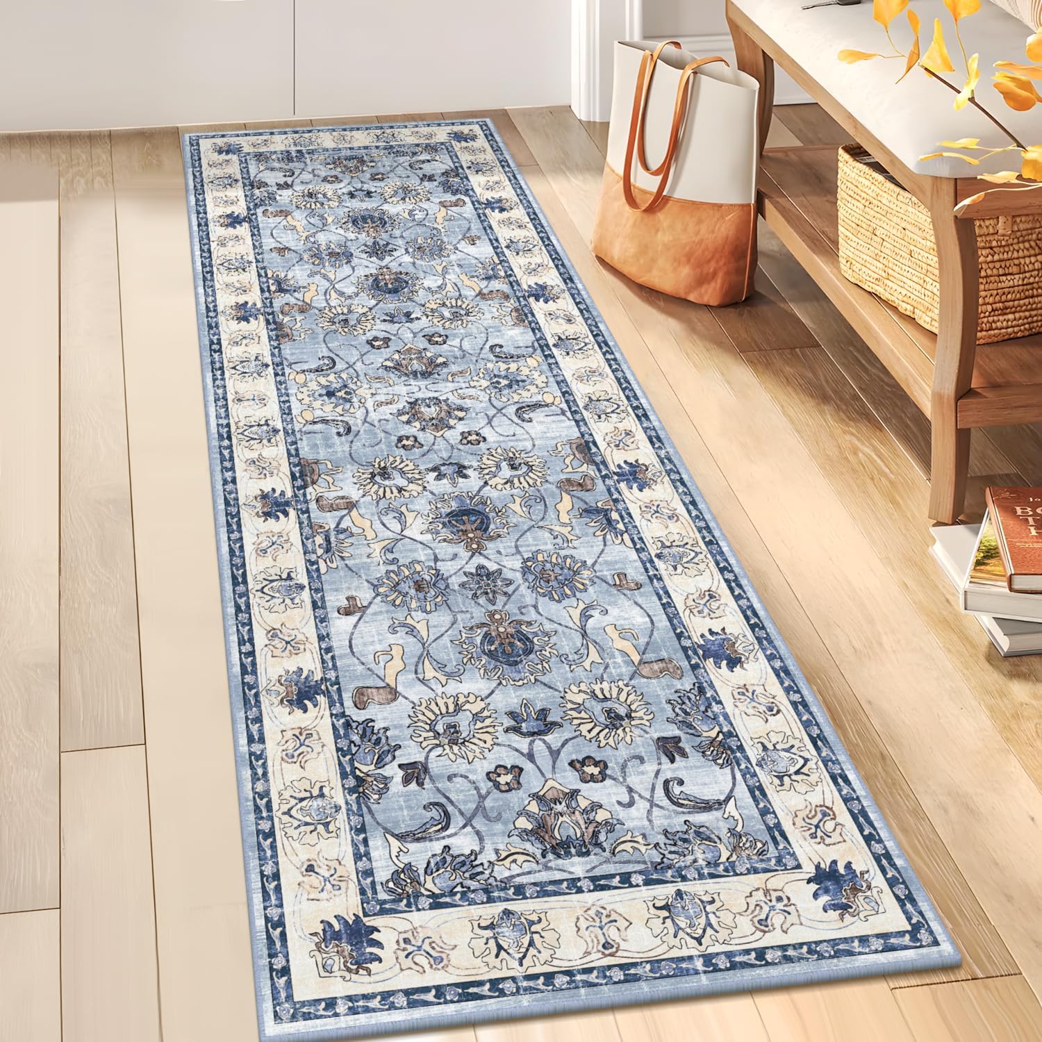 Yamaziot Washable Runner Rug, 2x6 Non-Slip Vintage Floral Hallway Rug with Rubber Backing, Low Pile Non-Shedding Soft Distressed Carpet Runner for Bedroom, Kitchen, Laundry, Entrance - Image 8