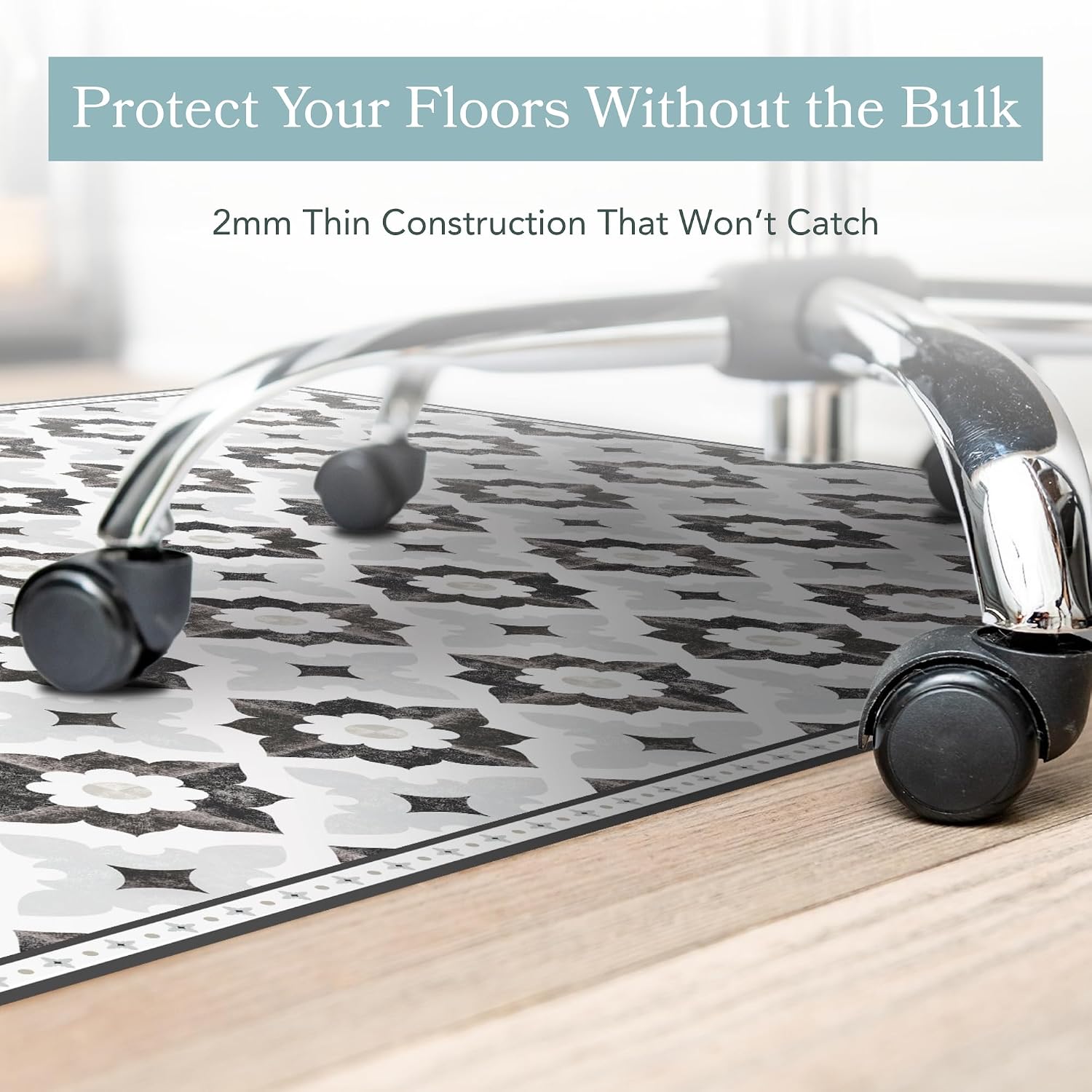 Carolina Creekhouse Vinyl Floor Mat 2.5'x8' - White Grey Geometric Floral - Waterproof Non-Slip Kitchen Rug - Hard Floor Safe - Eco-Friendly Flat Weave - 2.5'x8'