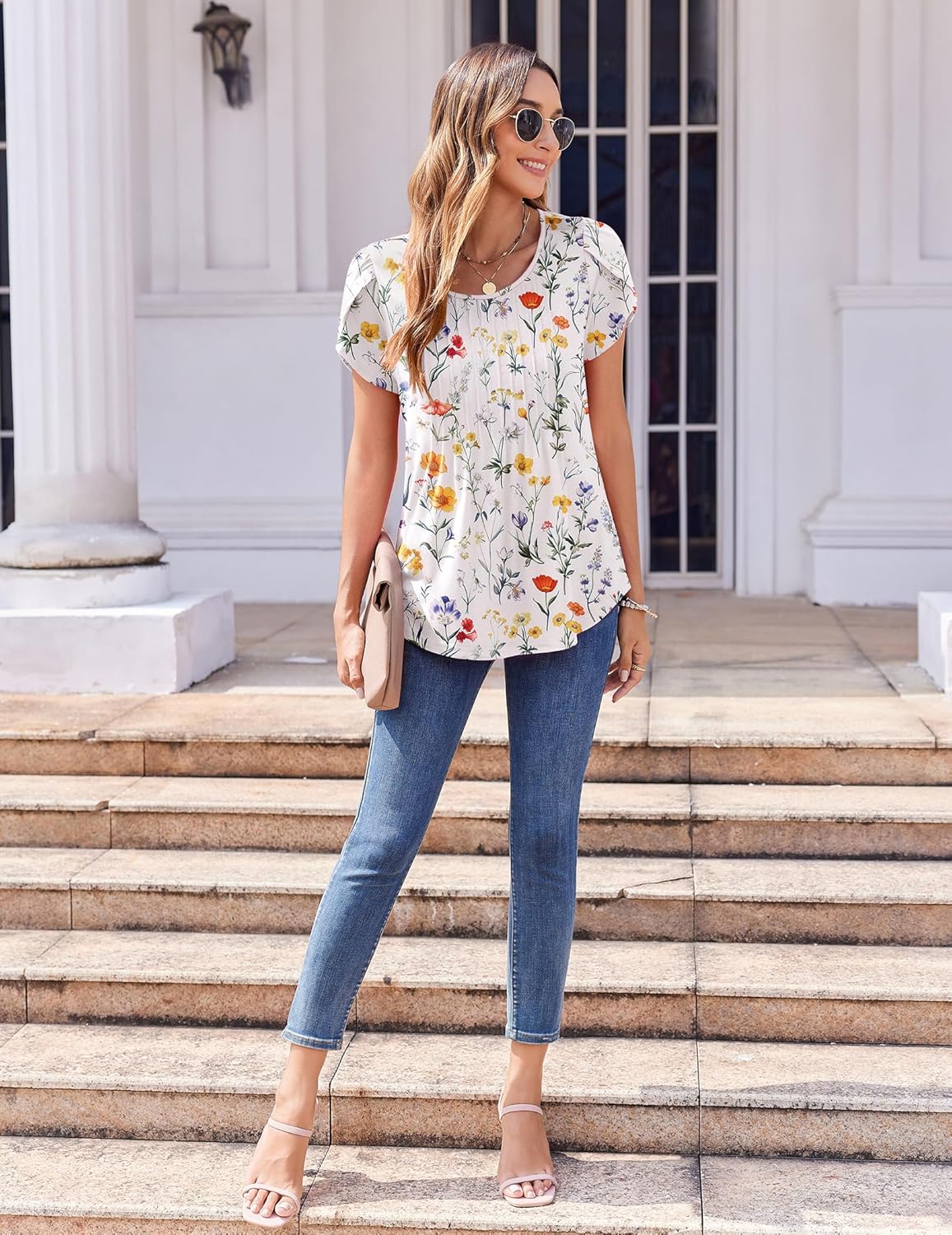 Zeagoo Womens Tops Petal Short Sleeve Summer Casual Crew Neck Shirts Floral Solid Blouse Pleated Tunics - Image 3