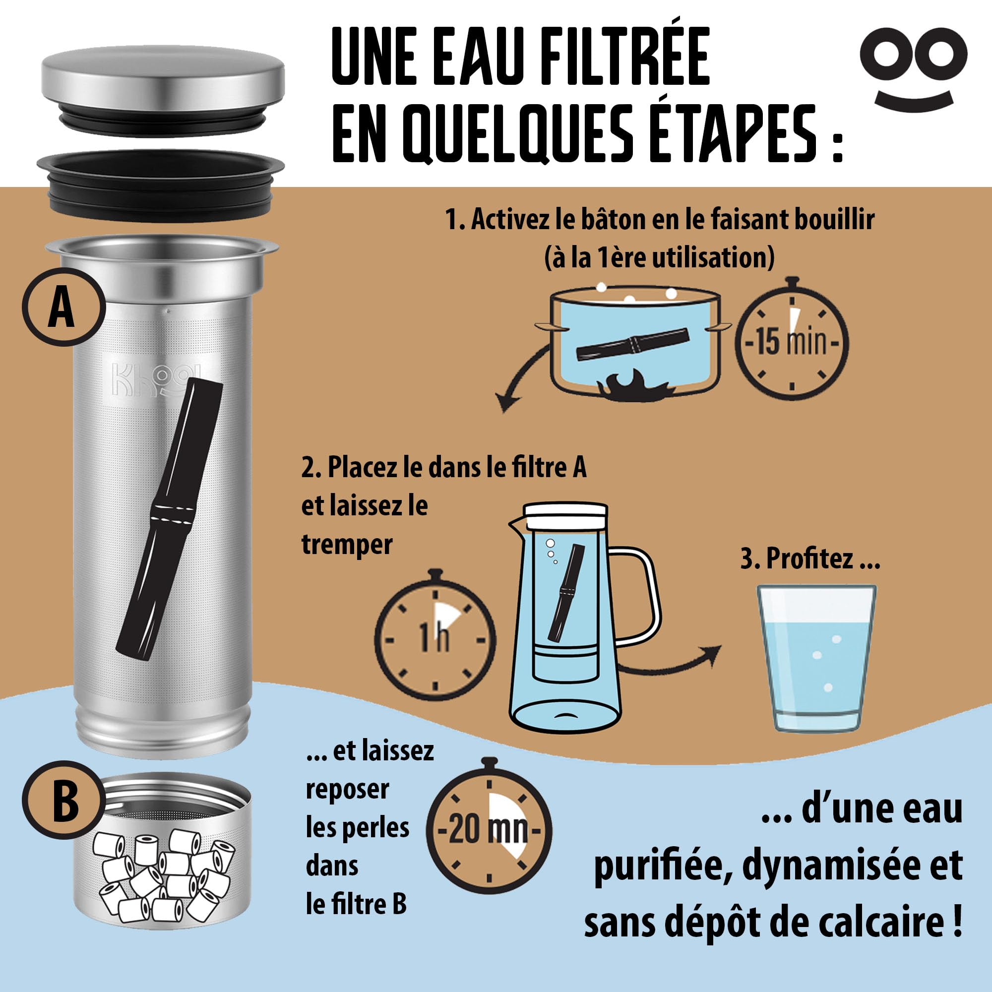 KHOOL - Kit Carafe filtration de l'eau en Verre et Inox + Bâtons Charbon de Bambou et Perles de Céramique - Purifie & améliore le goût de l’eau - Alternative Écologique - Origine France - 1L