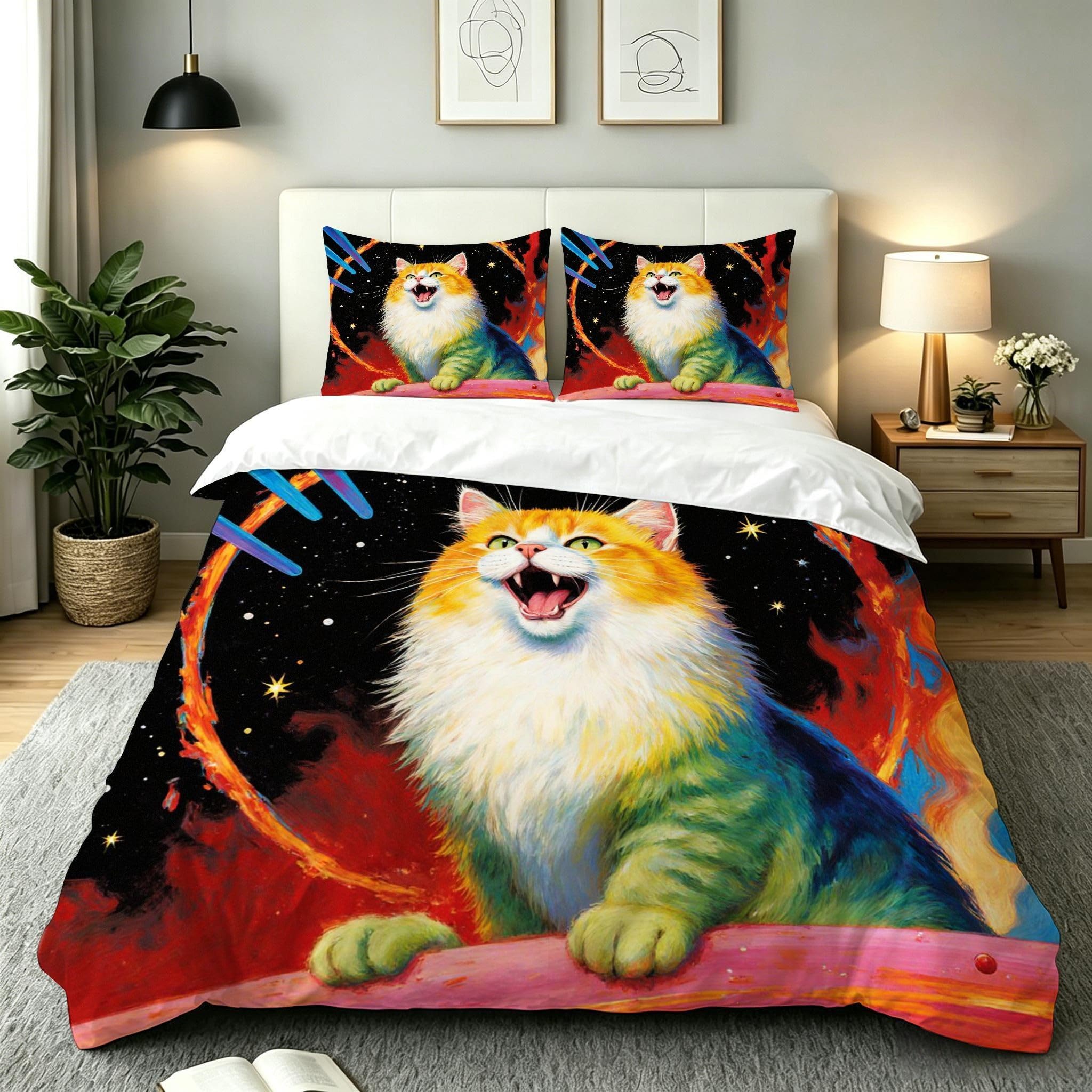 Housse de Couette Chat avec Fermeture Éclair Invisible en Microfibre