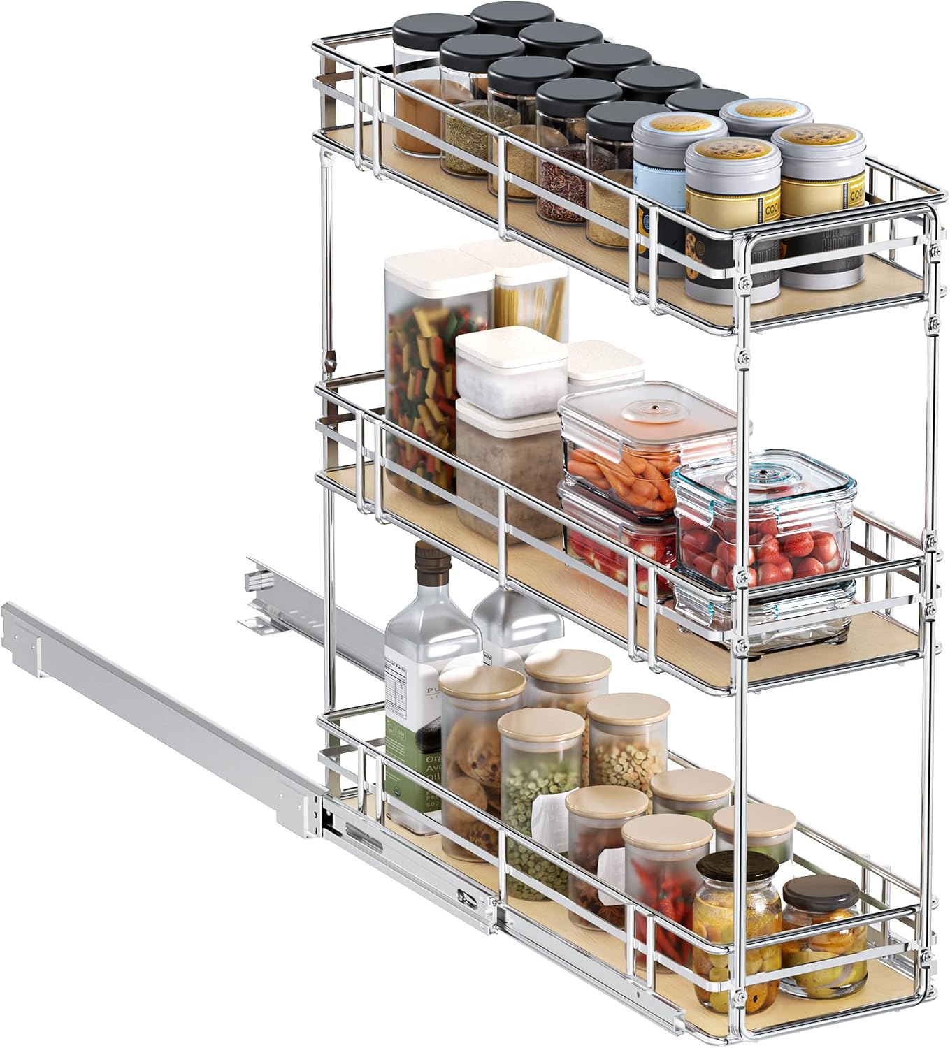 8" W x 20.5" D 3-Tier Pull Out Spice Rack Organizer for 12" Cabinets, Slide Out Pantry Shelf with Solid Wood Base, Chrome Storage for Spices, Oils & Cans (Requires 8.5" Min Opening)