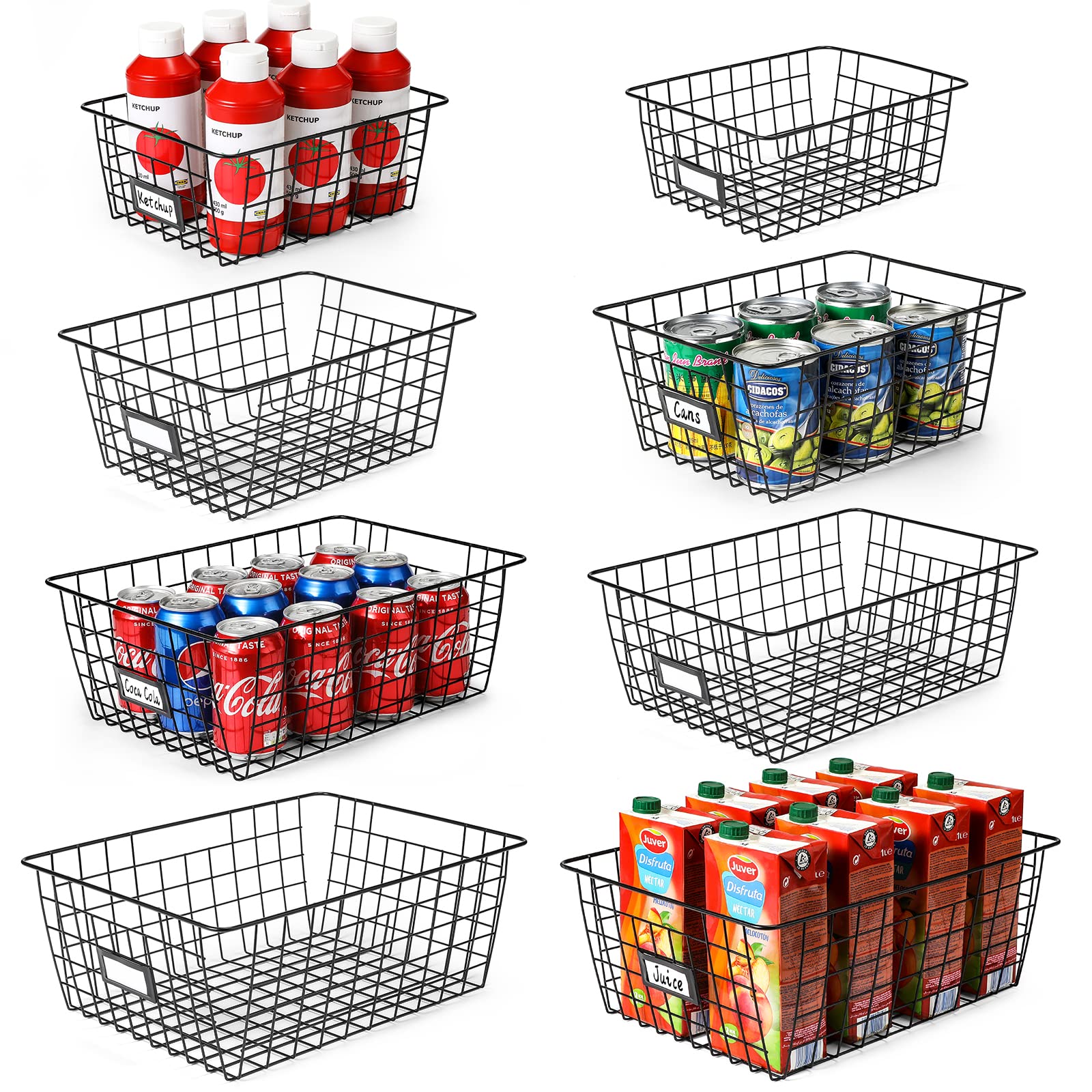 8 Set, Extra Large Wire Baskets for Organizing with Lables, Cabinet Pantry Organization and Storage Bins - Metal Basket for Kitchen, Laundry, Garage, Fridge, Bathroom Countertop Organizer, Black