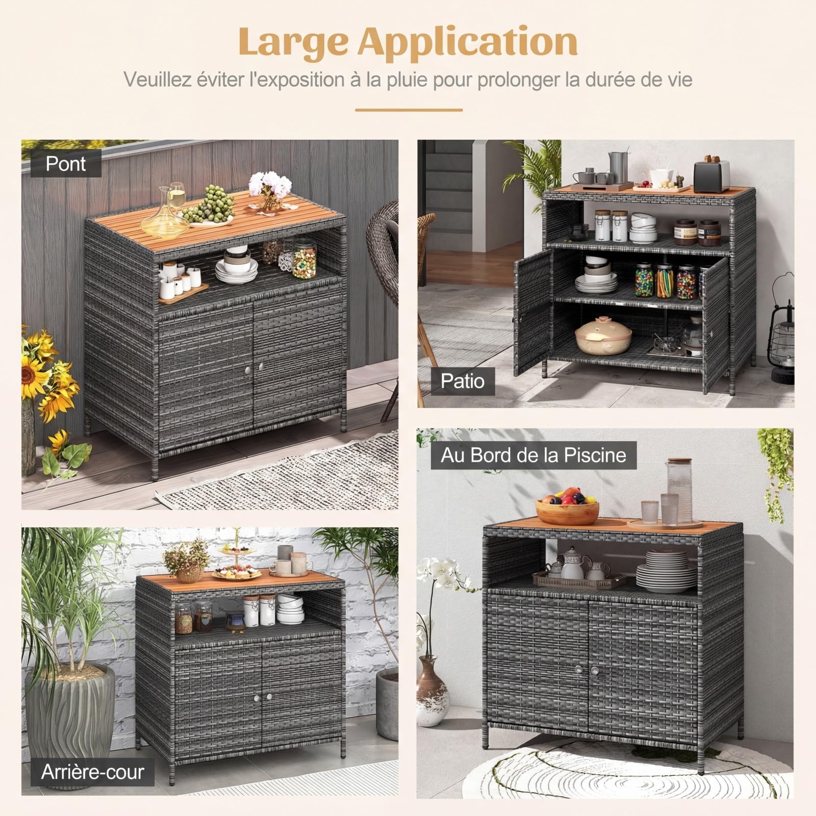 COSTWAY Armoire de Rangement Exterieur en Rotin, Jardin avec Plateau en Bois d'Acacia, Buffet 2 Portes, Gris