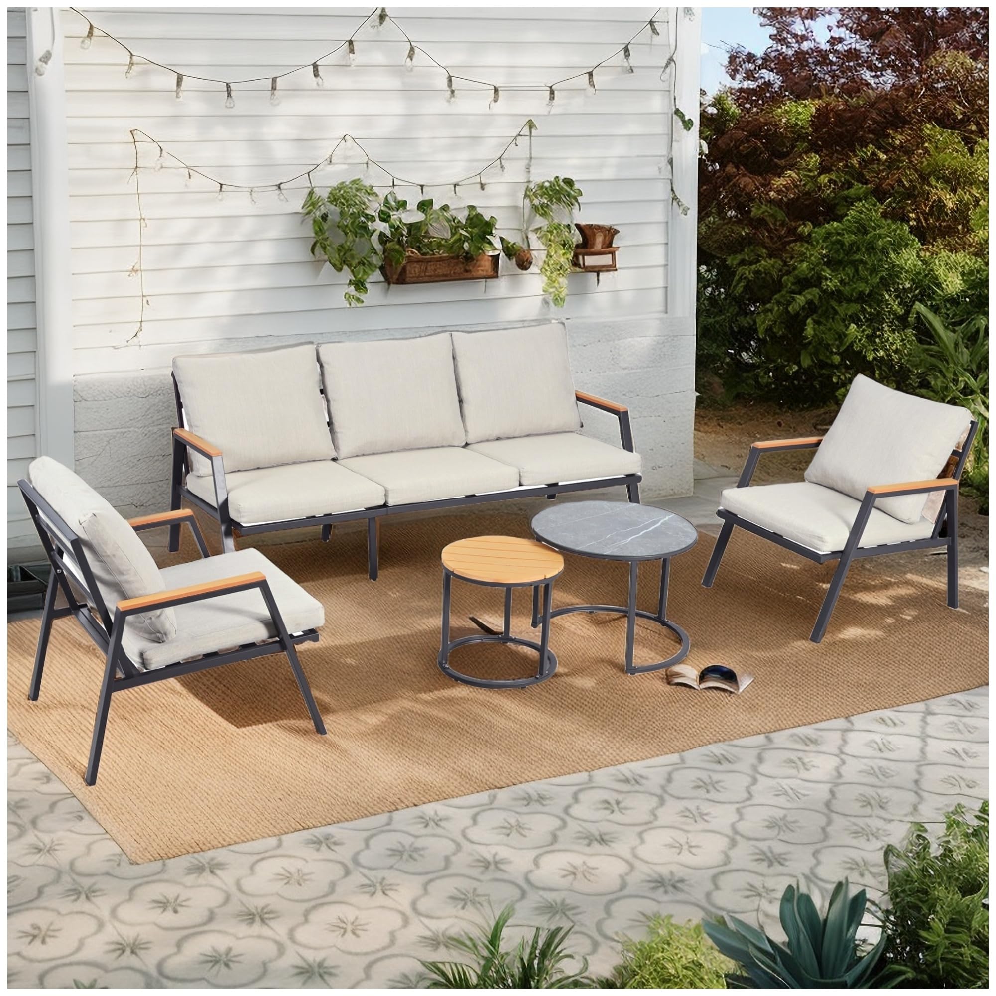 Juego de sillones de jardín, muebles de exterior, con cómodos cojines, sofá de 3 plazas, 2 sillones y 2 mesitas, cristal lacado mármol y madera plástica, acero galvanizado, beige