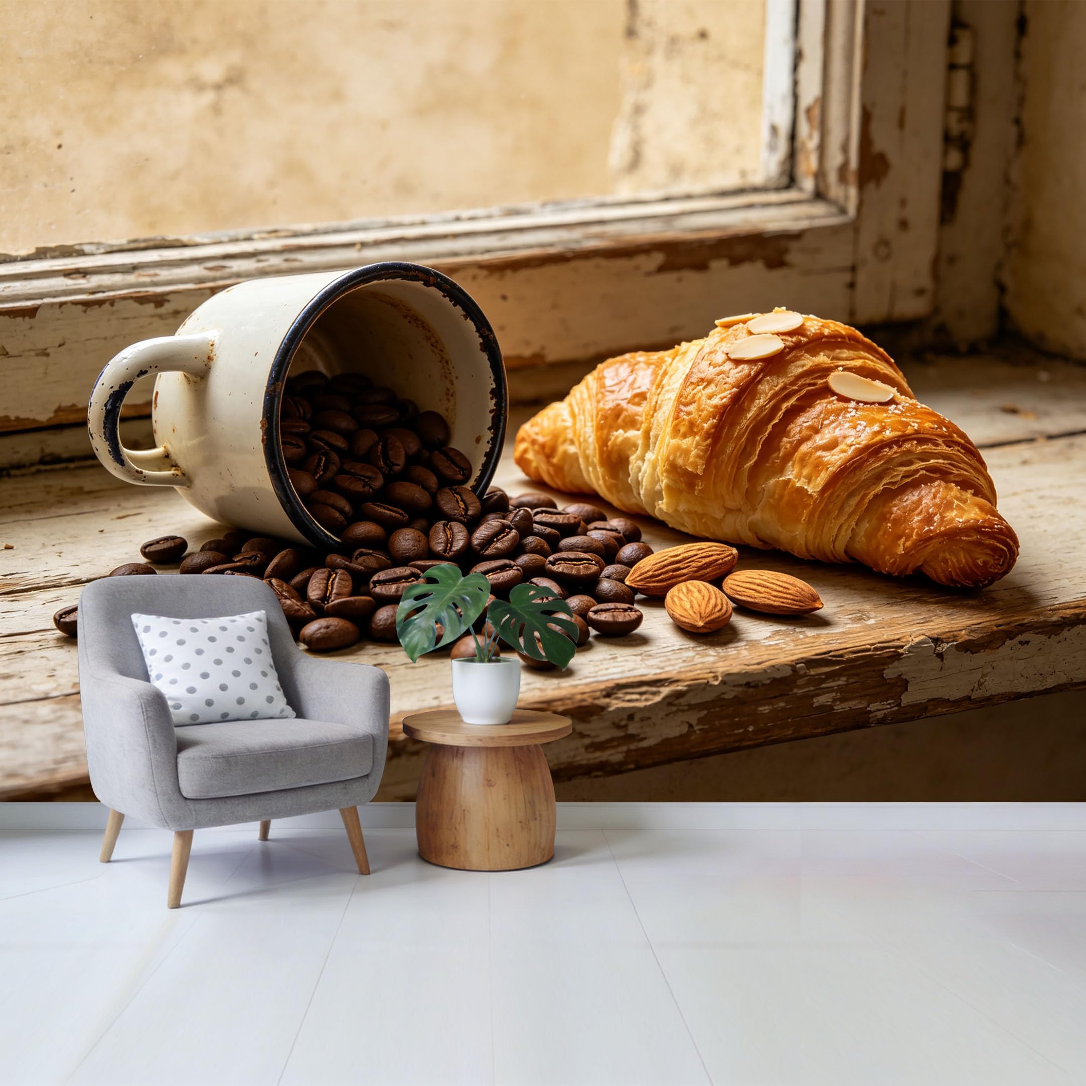 Qzlithotic Yq2605250439 Custom Size Wall Mural Roasted Coffee Beans Fresh Almond Croissant Rustic Still Life Farmhouse Selfadhesive Wall Fabric Removable Wallpaper For Home Office Decor