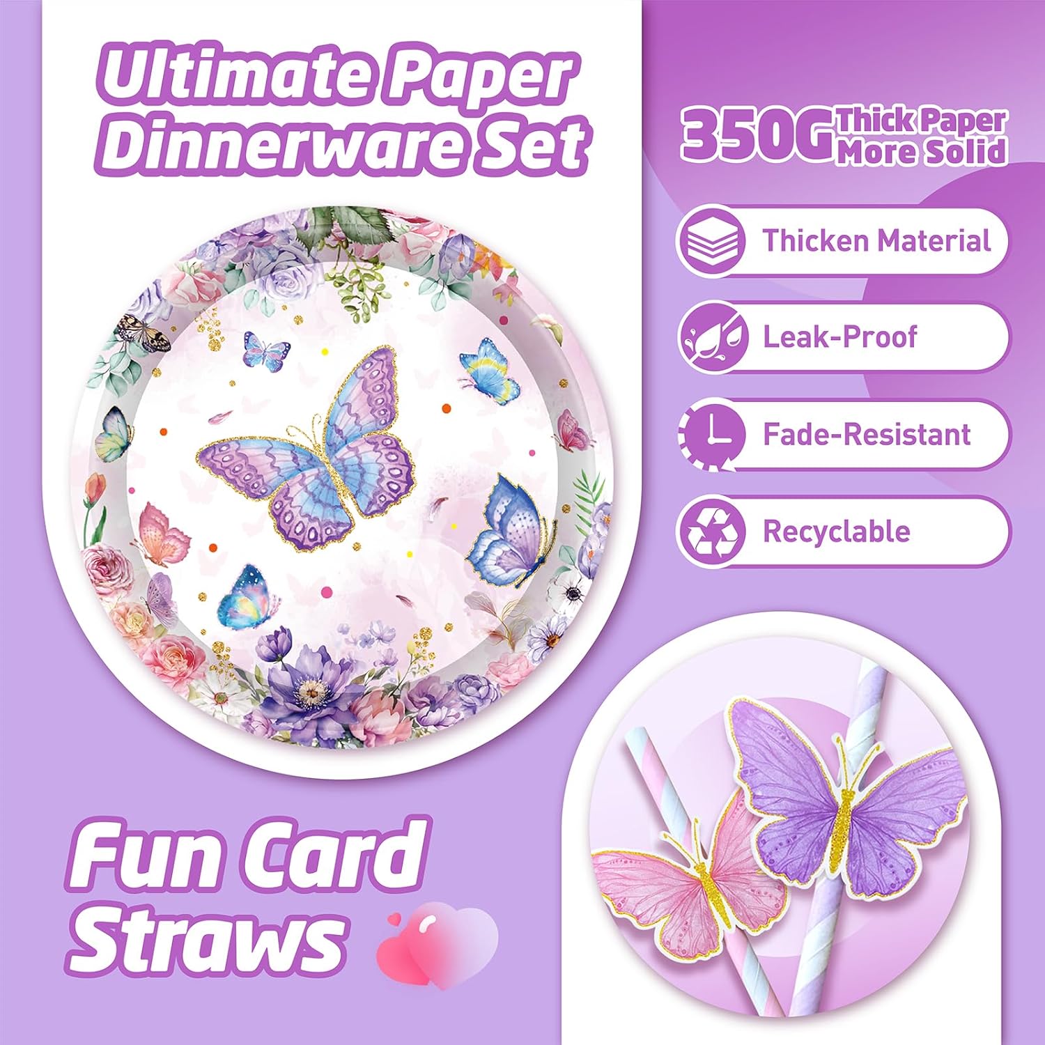146Pcs Wildflower & Butterfly Plates and Napkins Floral Party Supplies Includes Plates, Napkin, Fork, Cup, Straw, Tablecloth, Banner for Baby Shower Birthday Party Decorations, Serves 24