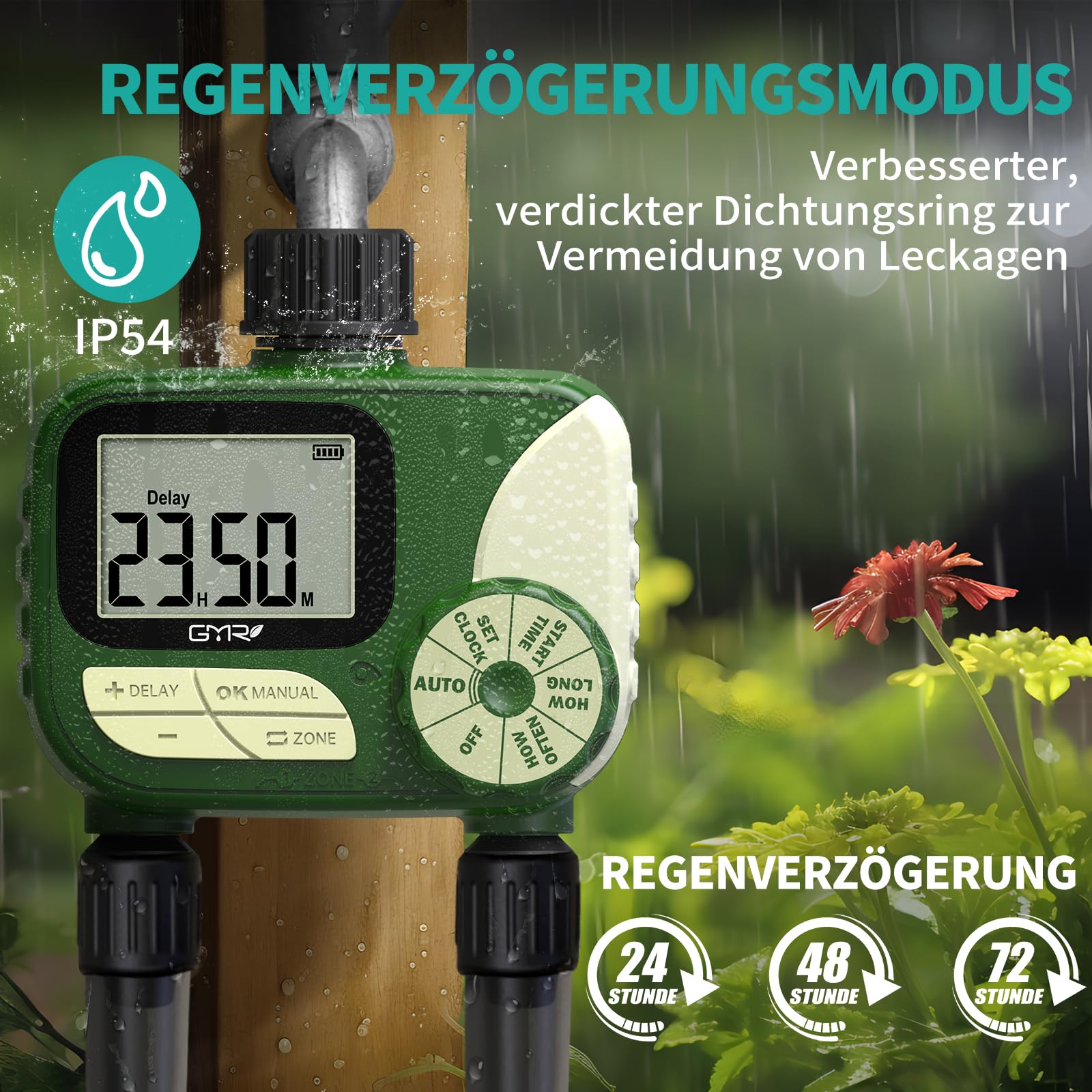 GMR Computer di irrigazione con 2 uscite, controllo di irrigazione per tubo da giardino, contatore dell'acqua programmabile, ritardo della pioggia, manuale/automatico, sistema di irrigazione per