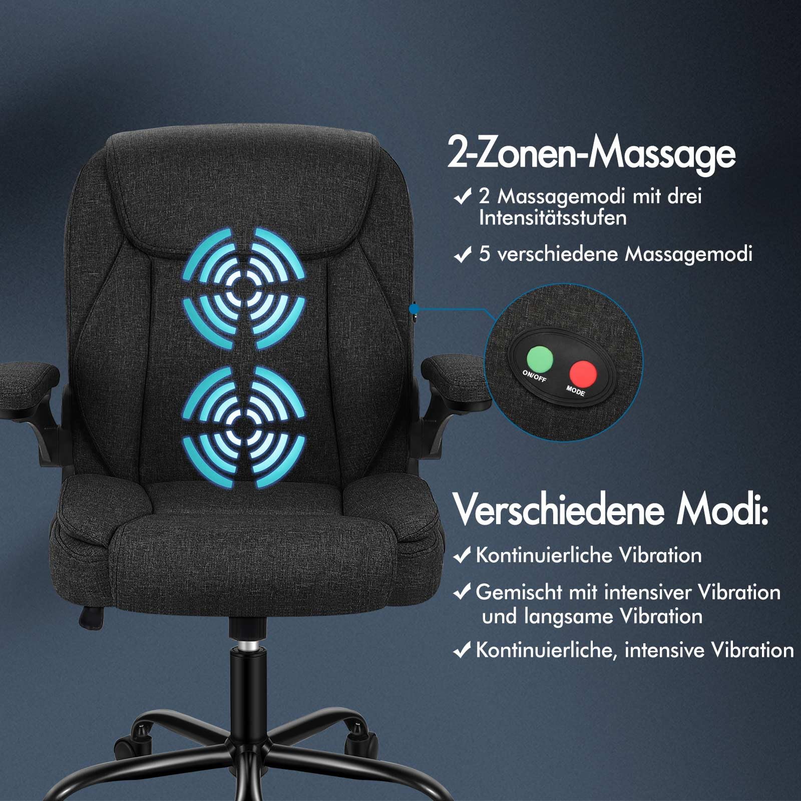ALFORDSON Ergonomische massage-bureaustoel, middelhoge rug, met inklapbare armleuning, studiestoel met SGS-gaslift, gamingstoel voor computerwerktafel, maximale belasting 150 kg, linnen stof, zwart