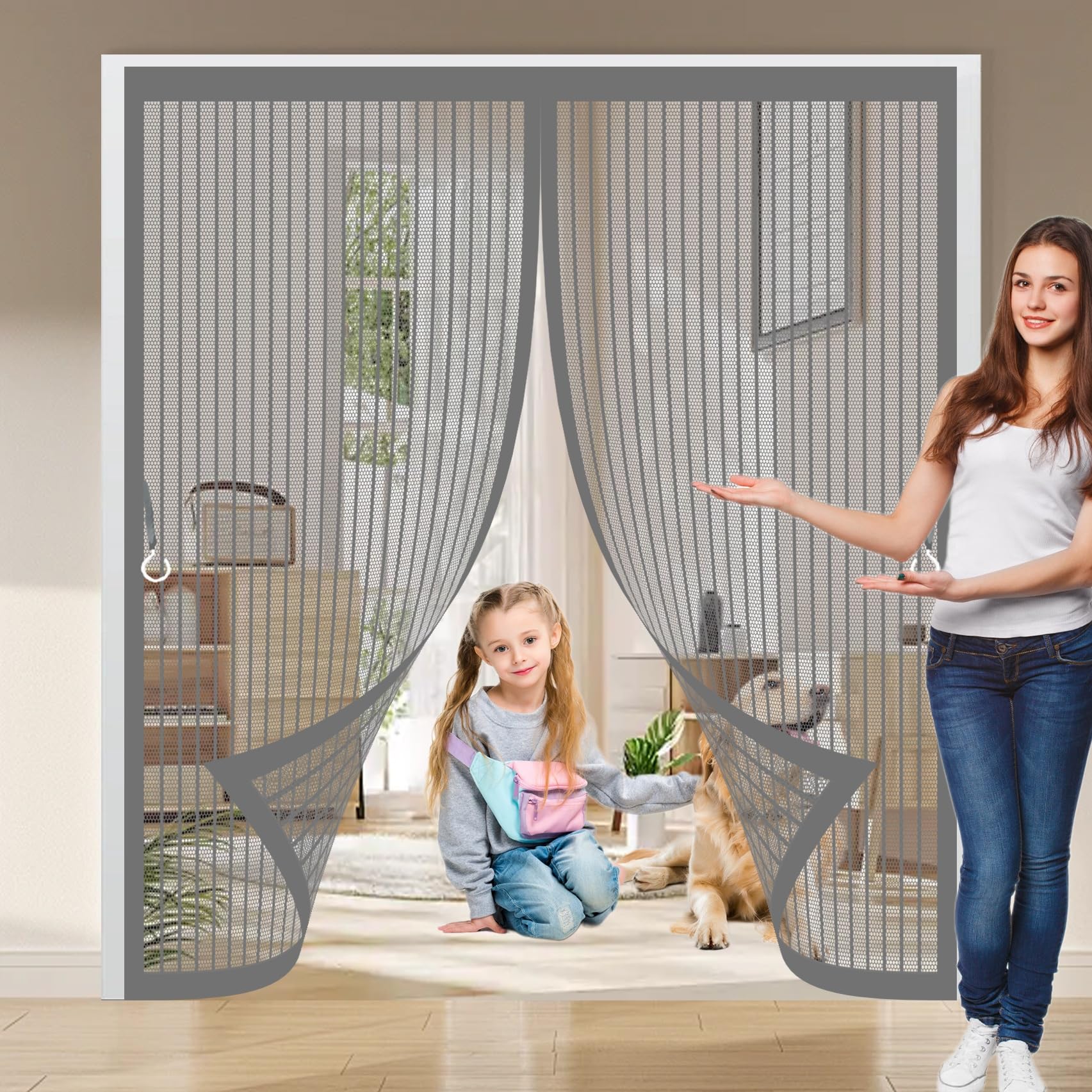 Fly Nets for Doors 165 x 240 cm with Powerful Magnets & Full Frame Magic Tape No Gap, Lets Fresh Air in, Keep Bugs Out Magnetic Door Screen for Patio Doors Bedroom, Grey