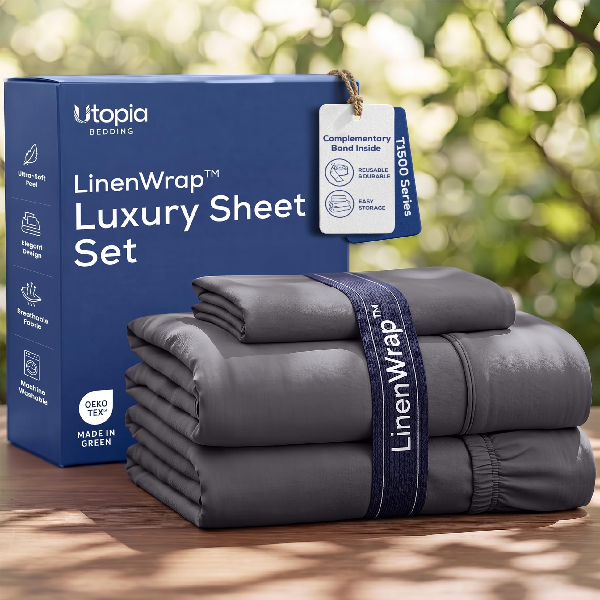Luxury T1500 Twin Sheet Set with LinenWrap 3 Piece Soft Sheets - Grey