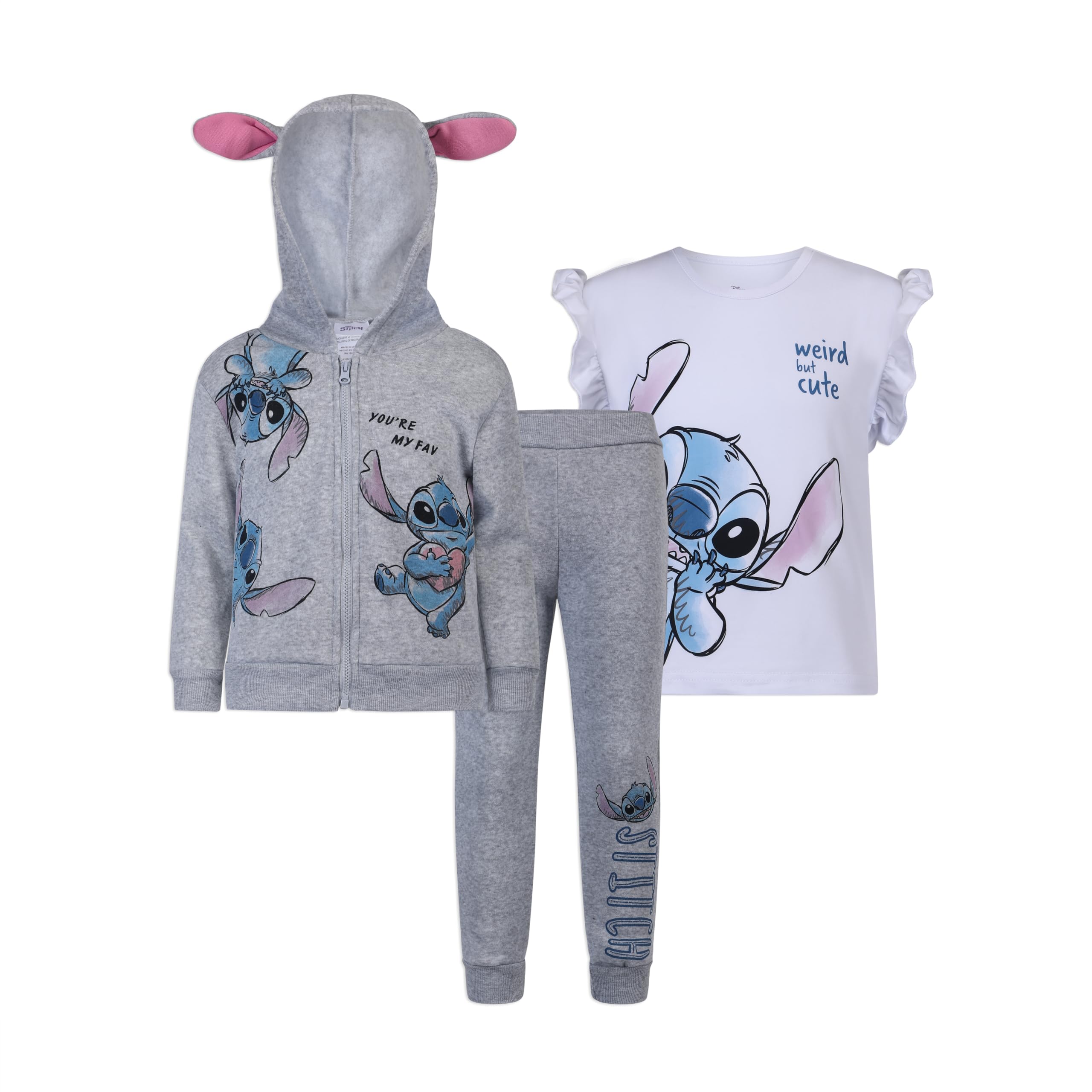 Disney Lilo & Stitch - Set con cappuccio, maglietta e pantaloni per bambine e bambine