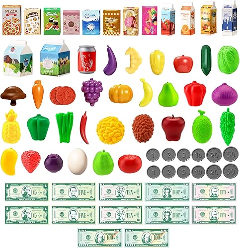 Miniatura 6 de Juego de carrito de compras para niños de 98 piezas con comida de simulación y accesorios, perfecto para juegos de simulación y juegos de rol (rojo