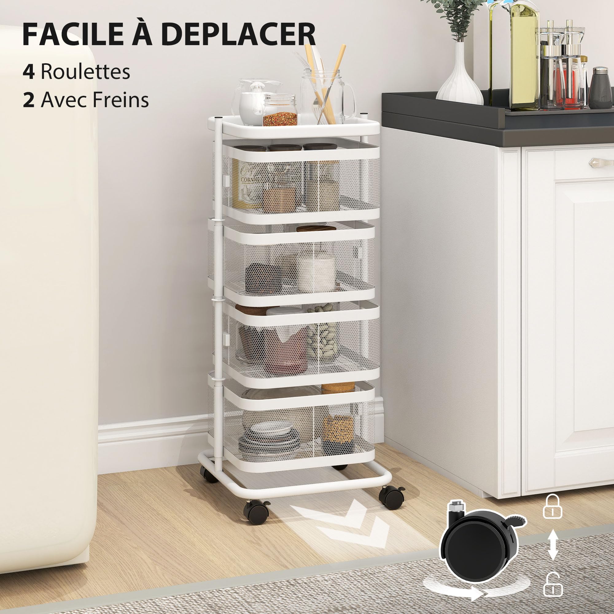 HOMCOM Resserre 4 paniers rotatifs sur Roues, Chariot de Rangement de Cuisine, Panier à légumes et Fruits avec Plateau supérieur, étagère en Fil d'acier, pour Cuisine, Salon et Chambre, Blanc