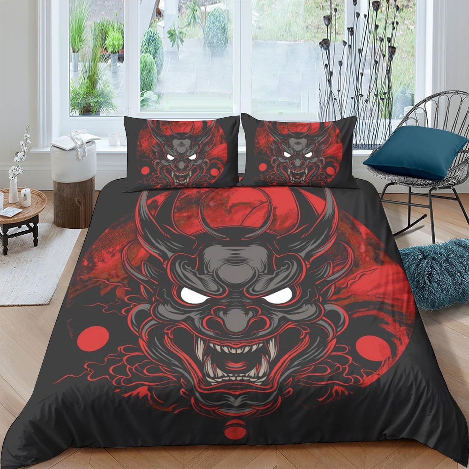 Ctjqhvkz Style-10 3D Printed Oni Demon Fitted Sheet Microfiber Soft Black Red Japanese Skull Mattress Cover For Bedroom Dorm Decor Single（135X200cm）