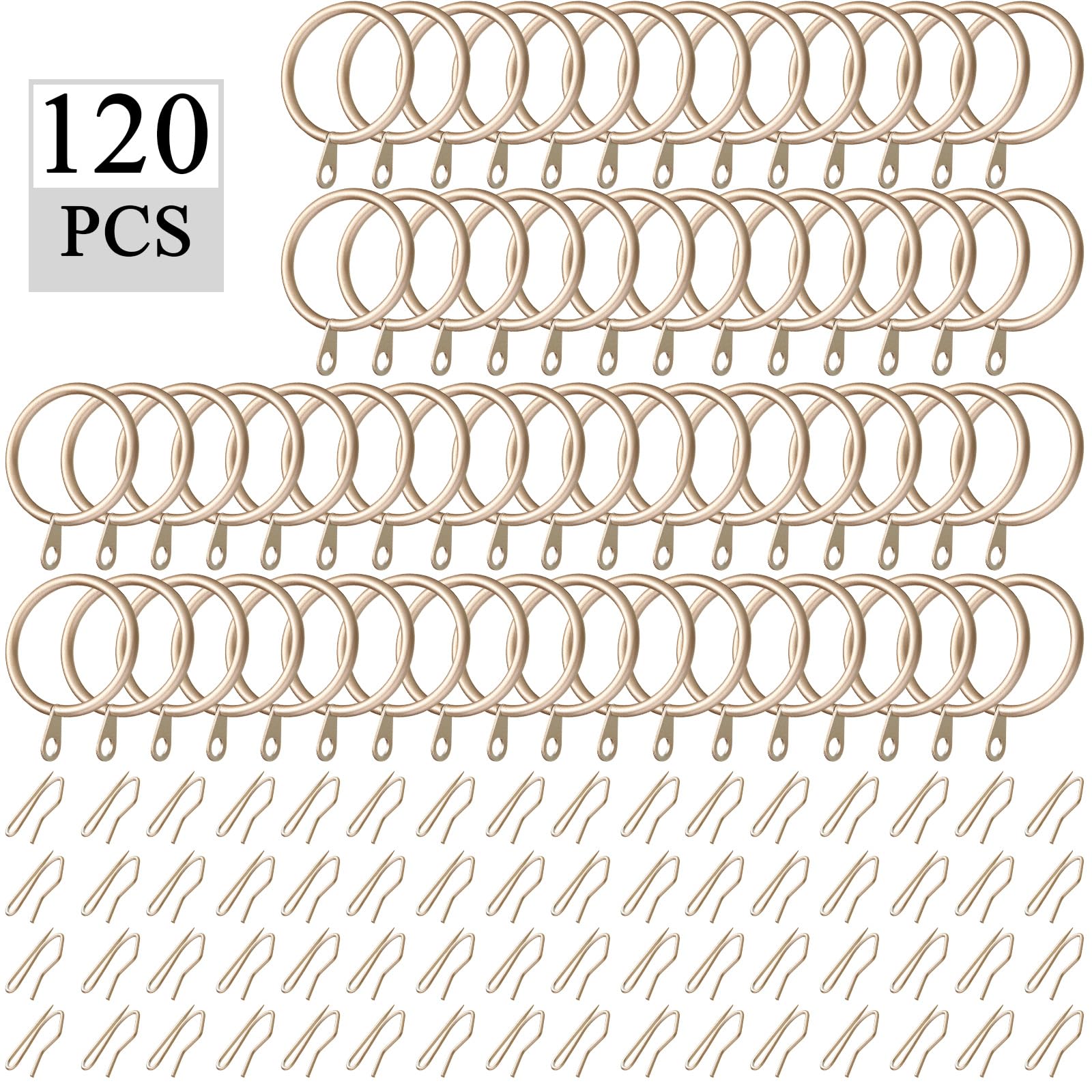 Hotop Lot de 60 anneaux de rideau en métal de 4,1 cm et 60 crochets en métal pour fenêtre, porte de douche, rideau de douche (champagne doré)