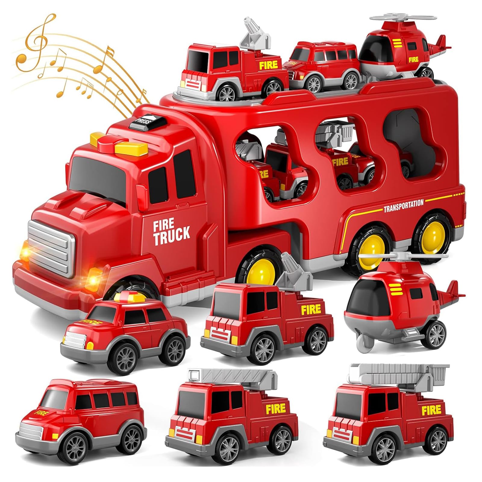 Enliansgo Fire Truck Toys for Toddlers 3 4 5 6 Years Old, 7 in 1 Truck Friction Power Toy Car, Fire Rescue Truck, Ladder Truck, Helicopter and Sprinkler, Christmas Birthday Gifts for Boys & Girls