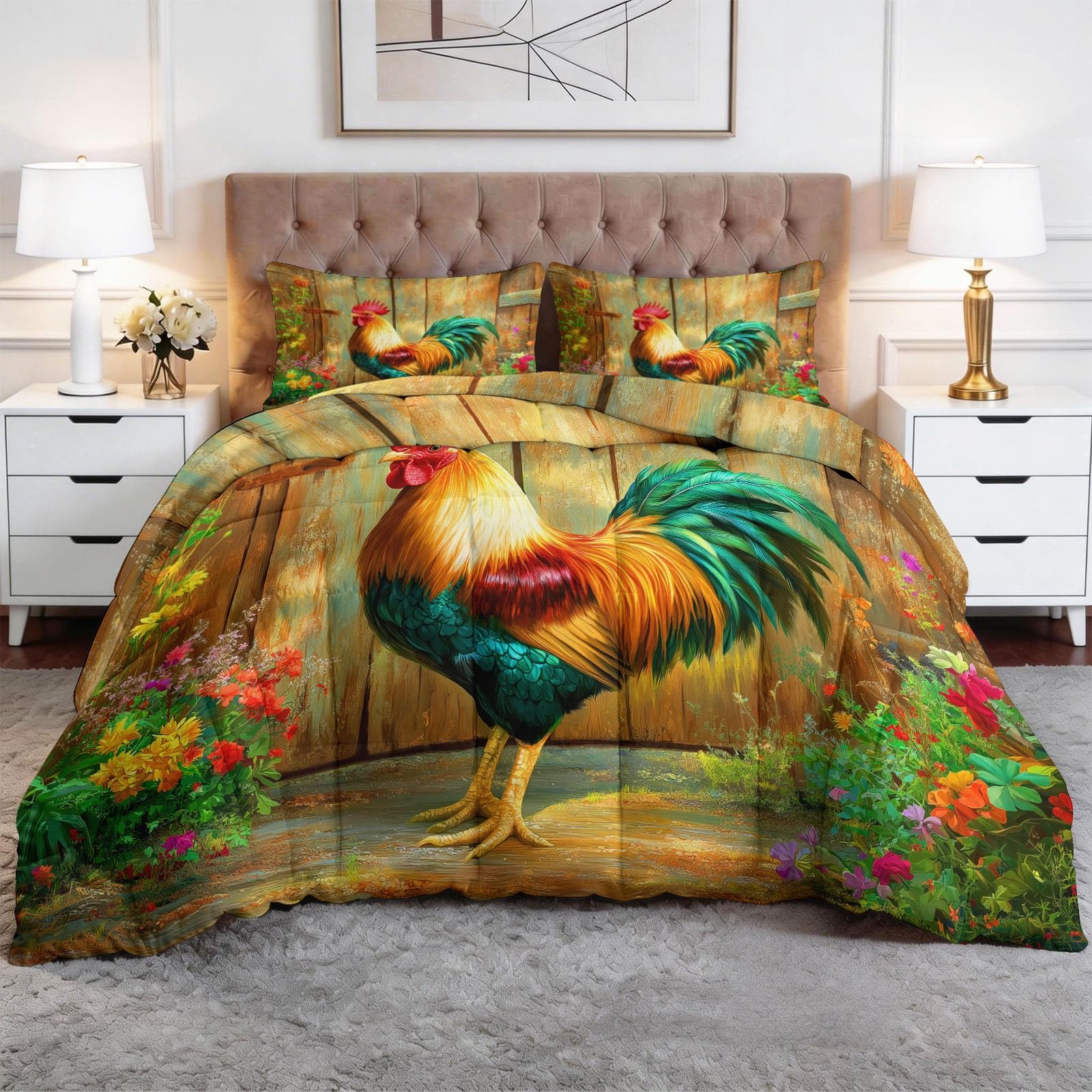 Générique Farma Kwiatowa Kołdra Kurczak Kołdra 140 x 200 cm, Rustykalny Styl Dwustronna kołdra dla dzieci Dziewcząt Chłopców Nastolatków - Zapakowana Miękka i oddychająca kołdra