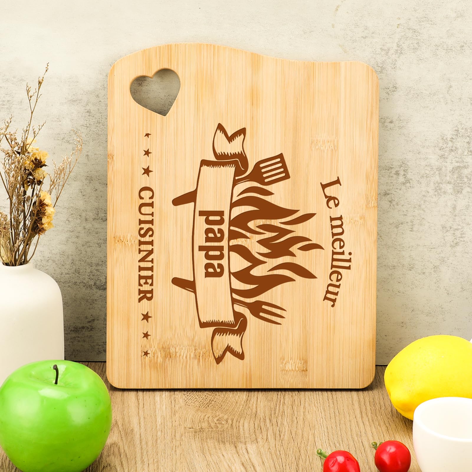 Planche à Découper en Bambou Sculptée Cadeau Papa Fête des Pères