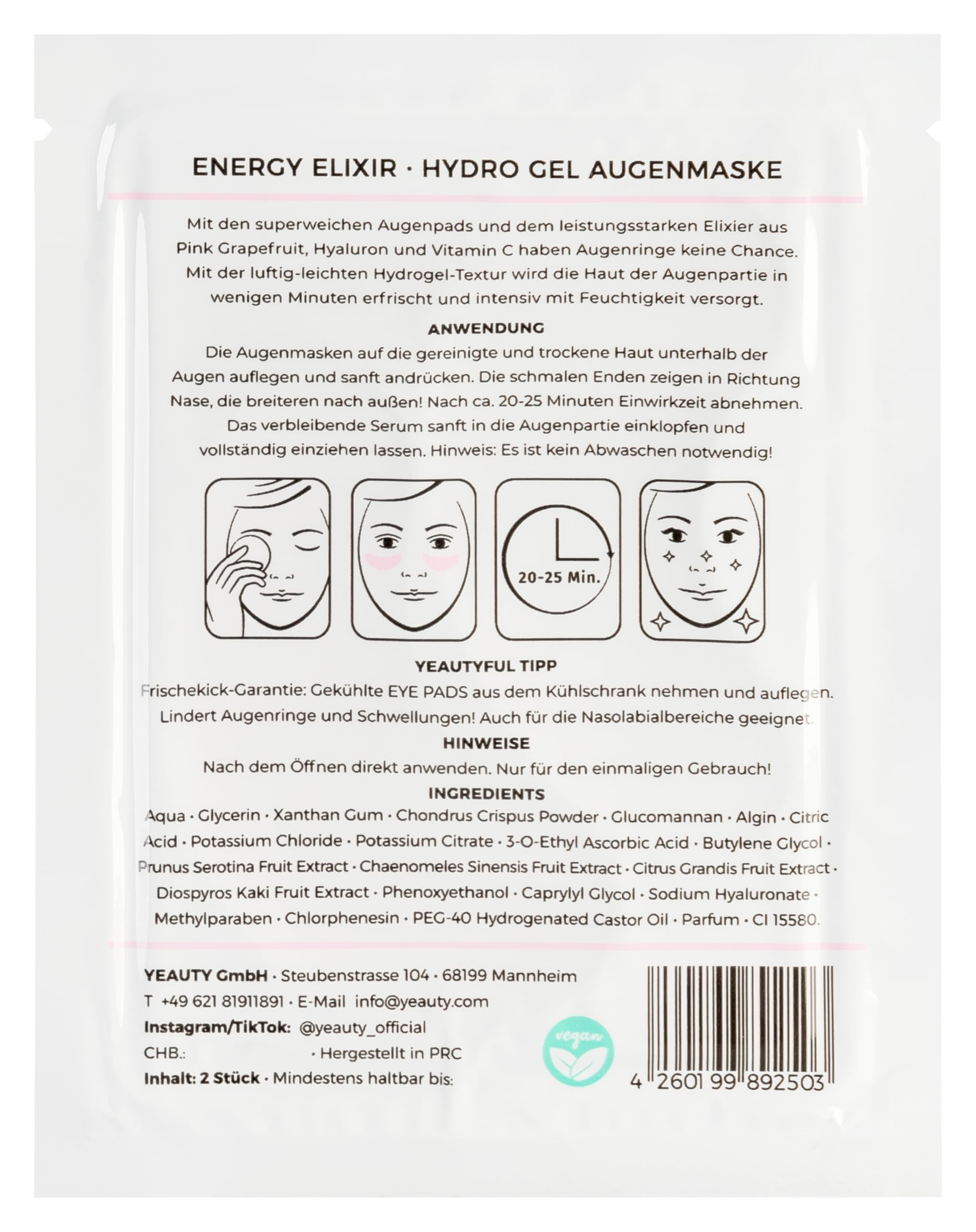 YEAUTY ENERGY ELIXIR EYE PAD MASK, i cuscinetti per gli occhi super morbidi con il lussuoso siero anti-invecchiamento di vitamina C, acido ialuronico e pompelmo rosa, riducono le occhiaie e leviga la