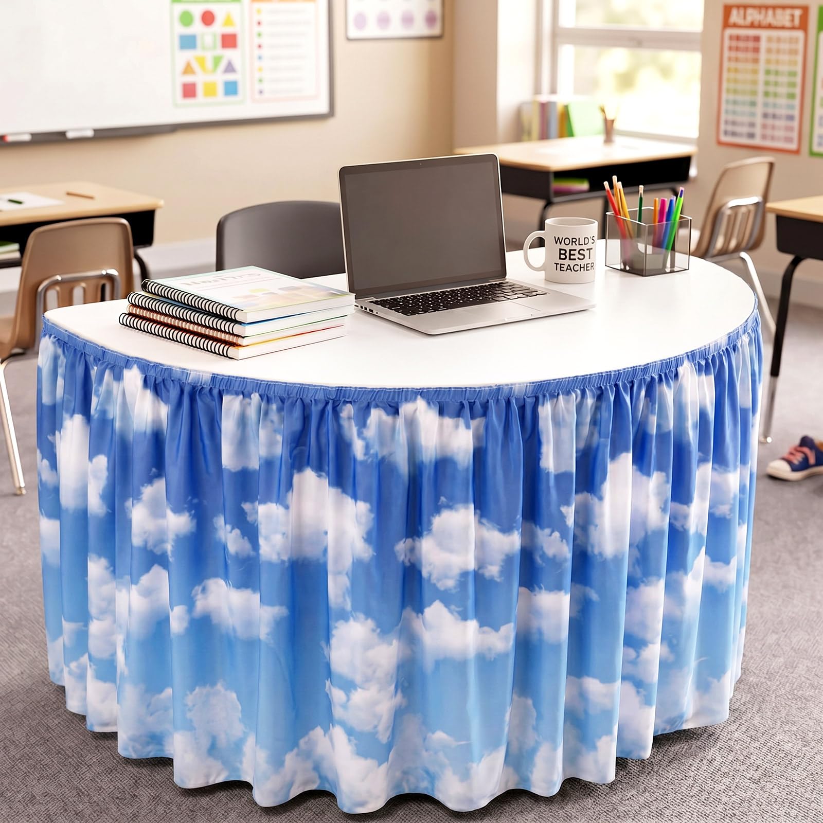 Oudain 9 ft Blue Sky White Clouds Table Skirt Cloths for Teacher Desk Boho Wrinkle Blue Sky White Clouds Table Cover Skirt for Kindergarten Classroom Kidney Shaped Desk Back to School Supplies