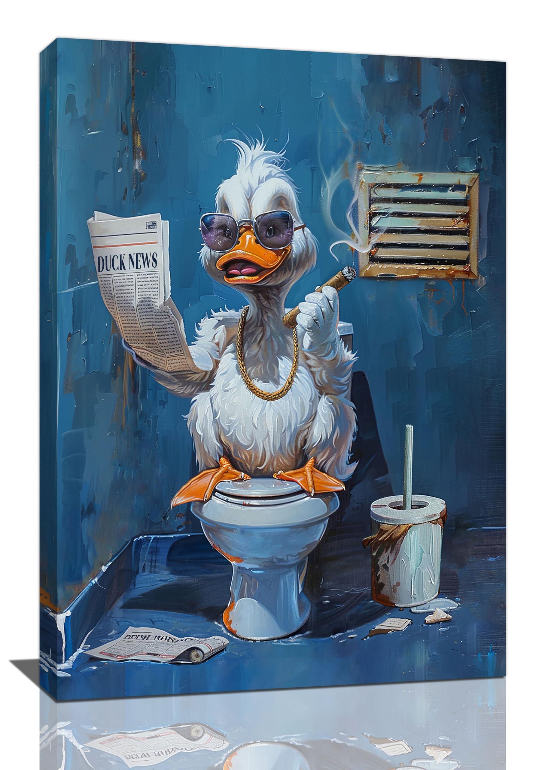 Bogosip Blue Bathroom-Duck Duck Bathroom Wall Art Funny Duck Toilet Reading Newspaper Pictures Wall Decor Bathroom Sign Canvas Print Painting Navy Blue Modern Framed Artwork For Restroom 16"X24"