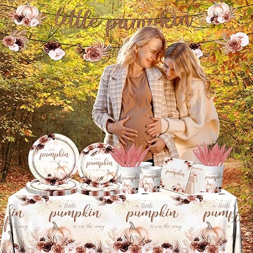 Miniatura 3 de Decoraciones de baby shower de calabaza pequeña, 142 piezas de decoración de vajilla de otoño para baby shower, incluye platos desechables de