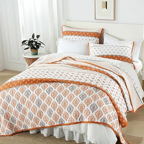 Miniatura 2 de Juego de edredón tamaño King, 100% algodón, floral, tamaño King, color naranja y blanco, ligero, reversible, suave, para todas las estaciones