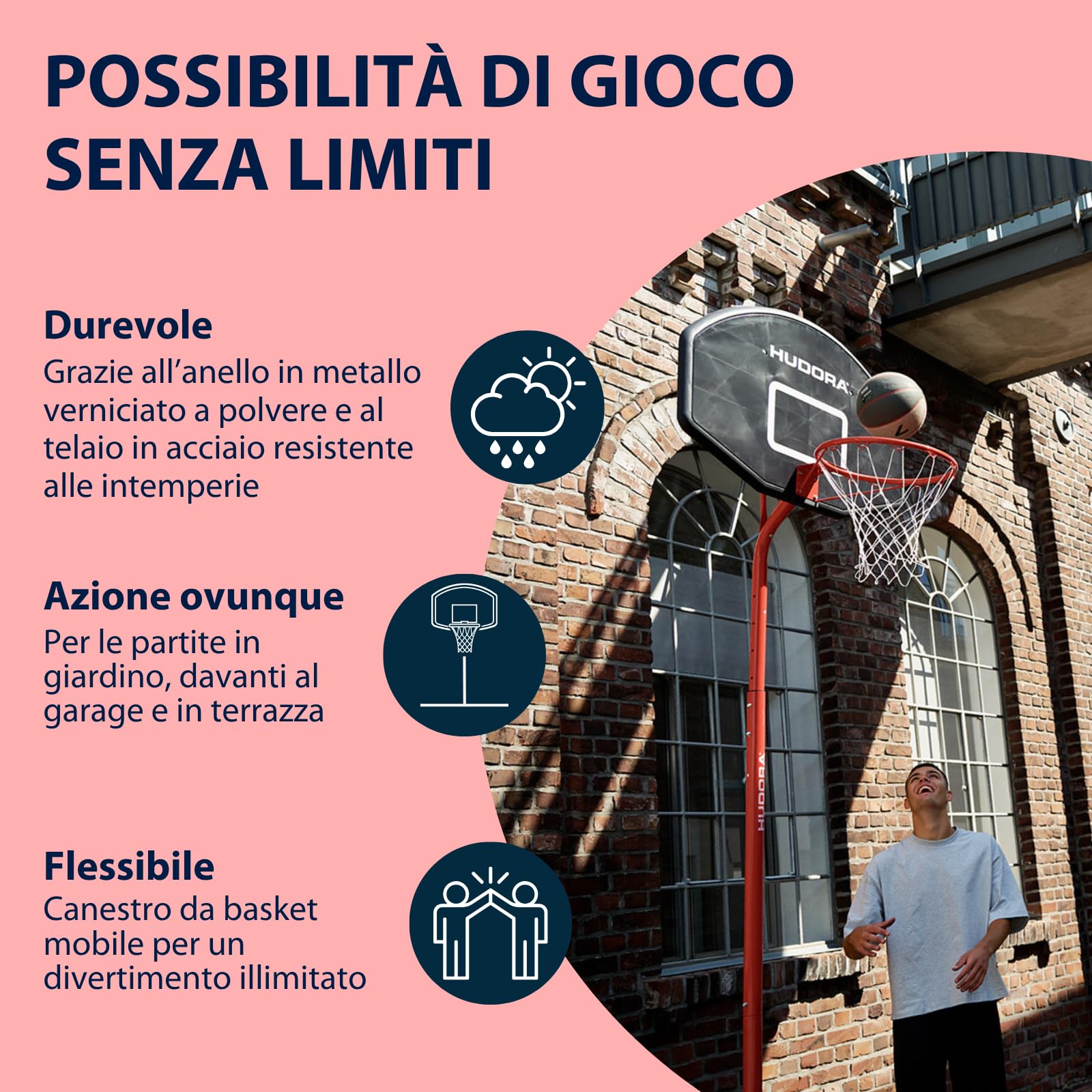 HUDORA Start 305 - Supporto da basket regolabile in altezza da 260 a 305 cm, con supporto per bambini e ragazzi