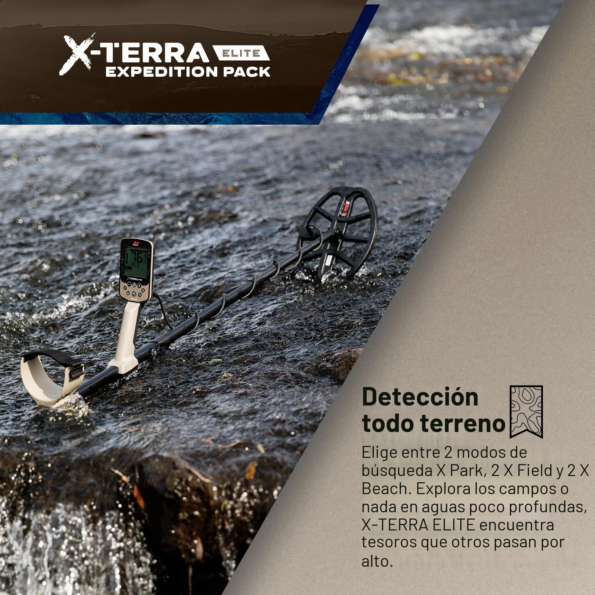 MINELAB X-Terra Elite Expedition Bundle, impermeable, All Terrain Treasure Metal Detector, Multi-IQ Precision Targeting, Incluido V8X Coil, V12X Coil, ML85 auriculares, cable de carga y bolsa para el