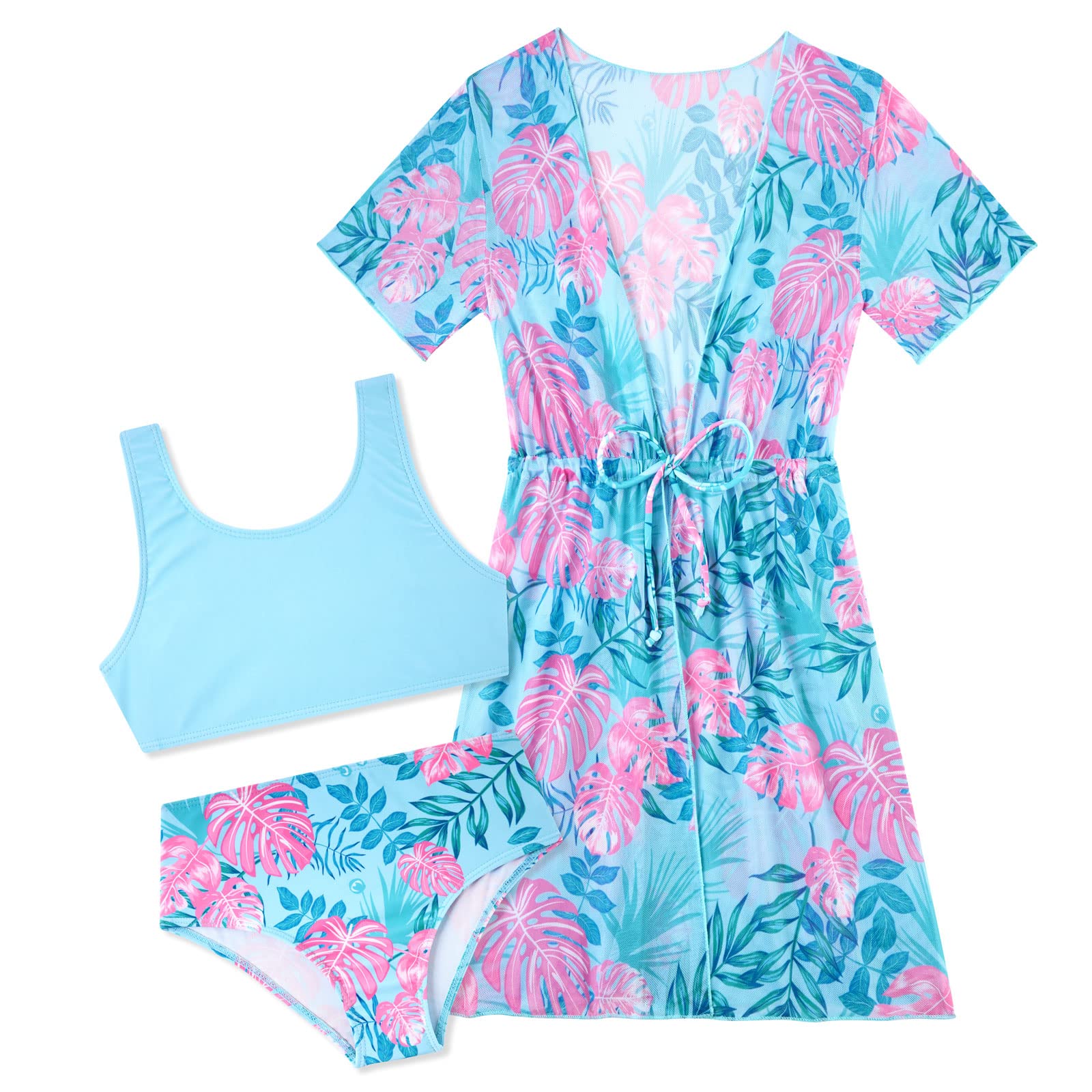 Enlifety Girls Swimsuit 3 Piece Bikini Bathing Suit Quick Dry Swimwear Sun Protection Cover-Up Sets 5-12 Years