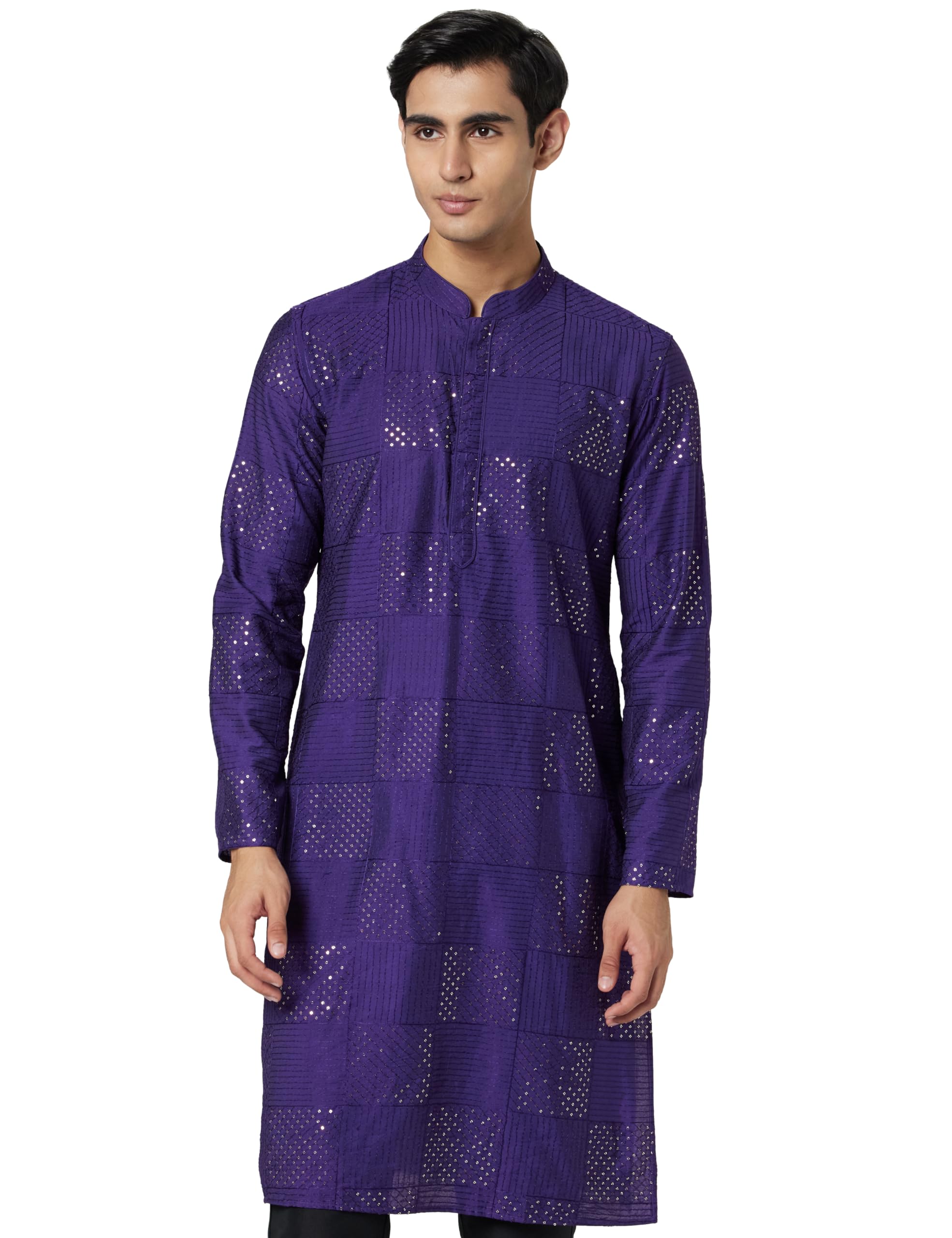 Rare Rabbit Men's Kurta Churidar Jacket Set, Black Jacquard, Ethnic Motif Regular Fit Mandarin Collar Long Sleeves in black
