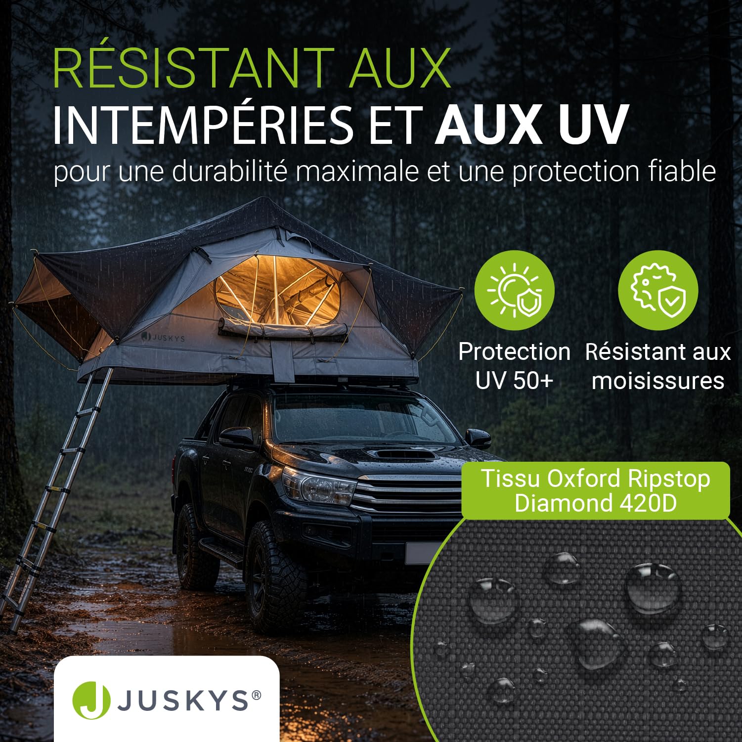 Juskys Tente de toit Lago pour voiture, construction robuste, imperméable et protection UV, tente de toit de voiture, camping, éclairage LED