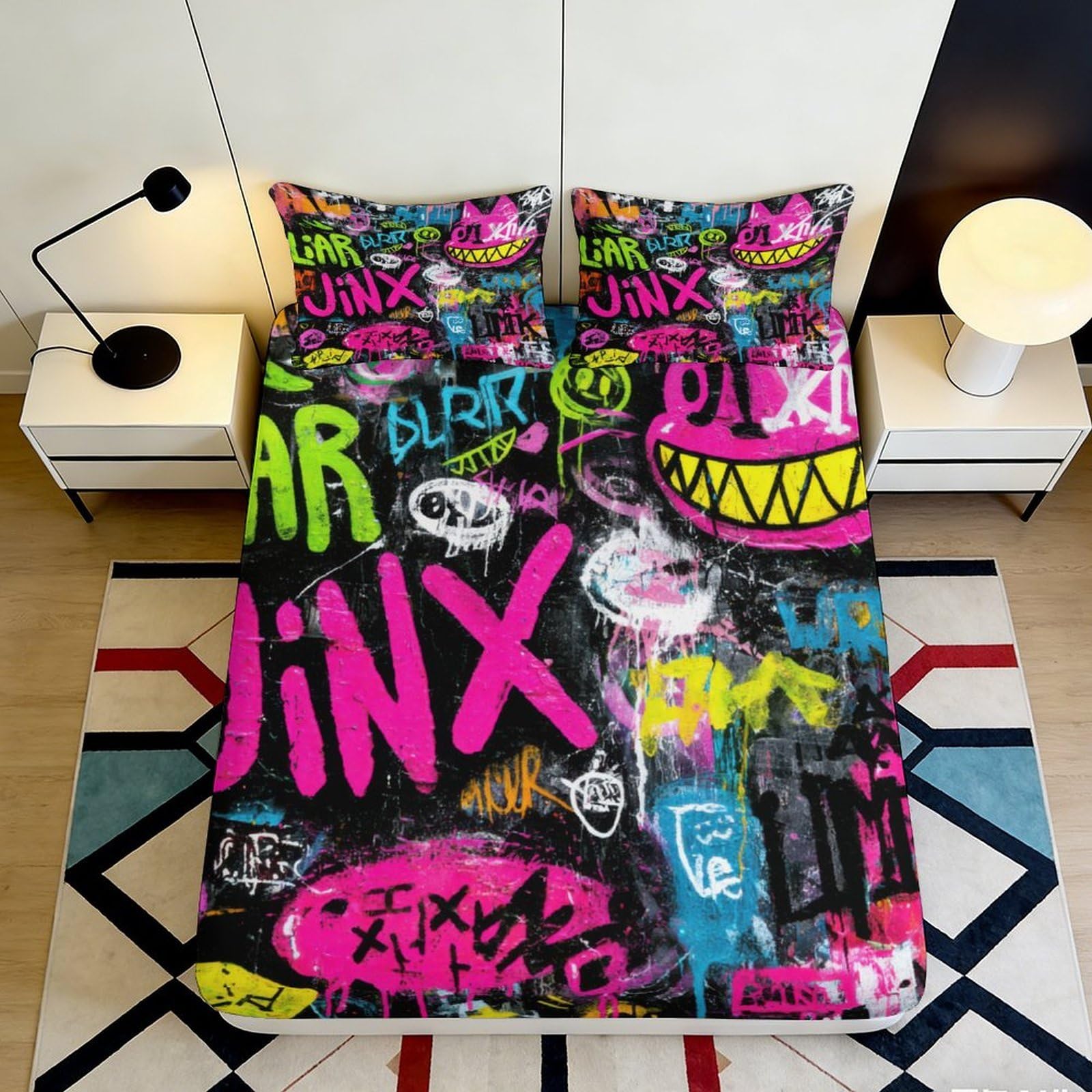 3D Printed Graffiti Art Fitted Sheet Microfiber Colourful Urban Street Mattress Cover for Bedroom Dorm Decor Protection 90x200x25cm