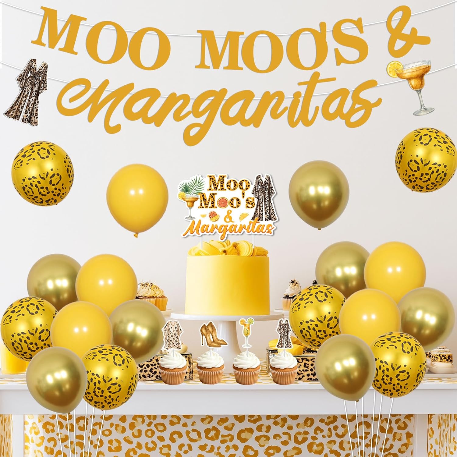 Moo Moos and Margaritas Party Decorations Cocktail Theme Backdrop Banner Leopard Print Pajama Margarita Cake and Cupcake Toppers Balloons Kit for Bachelorette Party Ladies Night Bridal Shower Birthday