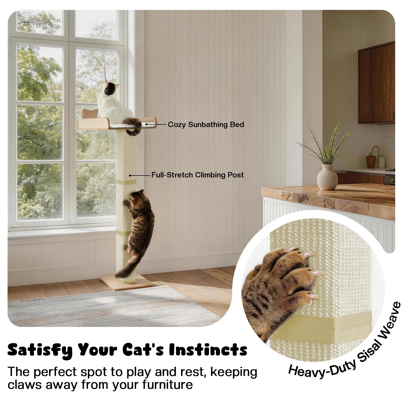 Percha para ventana para gatos con poste rascador de sisal grueso, hamaca para gatos para ventana, poste rascador ajustable de 53.5 pulgadas para gatos con 2 ventosas mejoradas, cama de ventana para