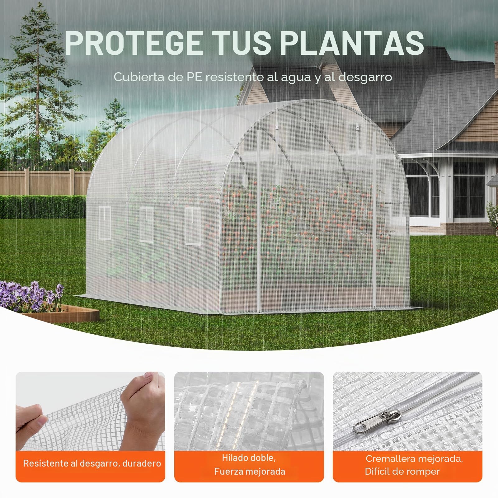 VEVOR Invernadero Túnel 292x196x190 cm Carpa Refugio para Plantas Estructura de Acero Galvanizado Cubierta de PE Puerta Enrollable con Cremallera 6 Ventanas para Cultivo de Verduras Flores, Blanco