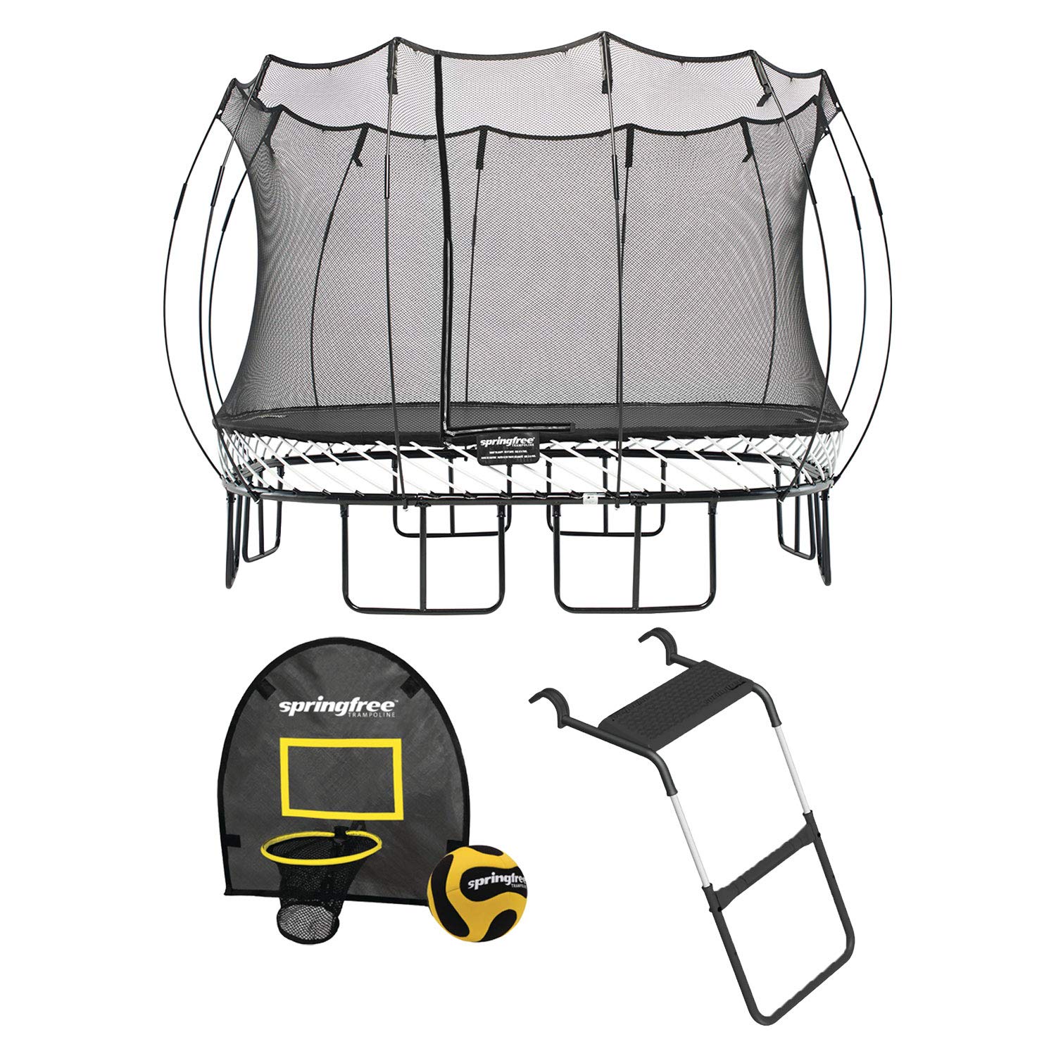 SpringfreeTrampoline 13 ft x 13 ft Large Square + FlexrHoop + FlexrStep V2 Bundle – Springless Fun with Goal Hoop and Ladder Attachment Accessories
