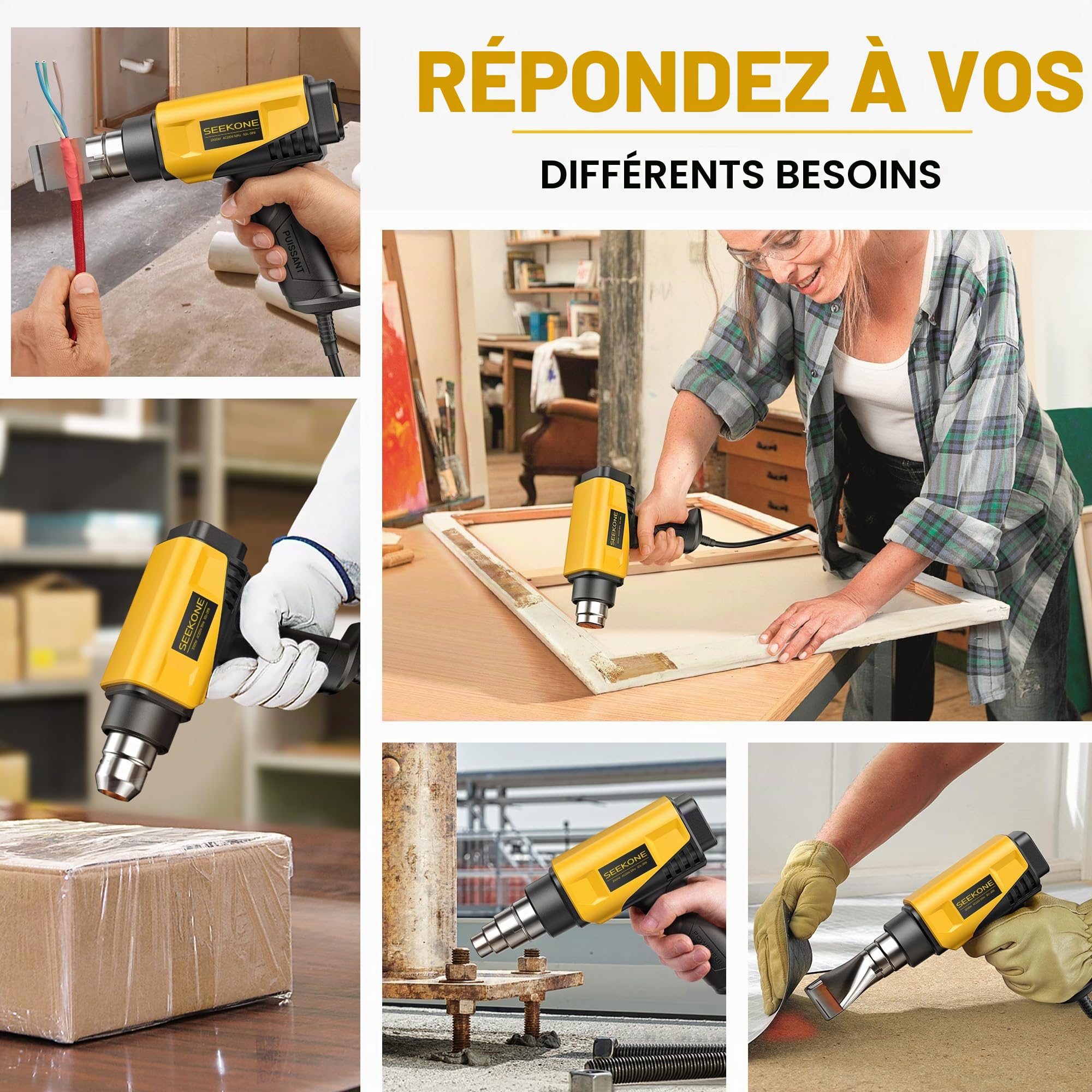 SEEKONE Decapeur Thermique 2000W Design Compact Pistolet à Air Chaud Robuste Contrôle de Température Variable 50-600℃ 1,5S Chauffage Rapide avec 4 Buses pour Travaux Manuels, Film Vinyle