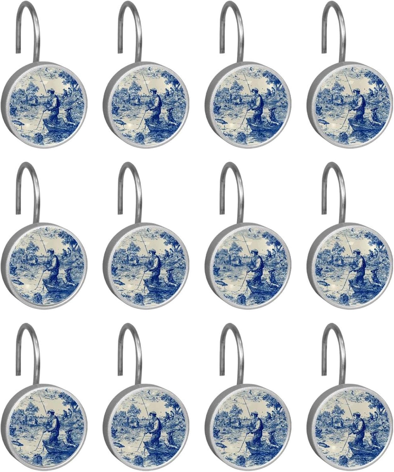 Set of 12 Scenes of Fishing in Toile de Jouy Style Shower Curtain Hooks Rings, Double Glide Shower Hooks for Bathroom Shower Rods Curtains