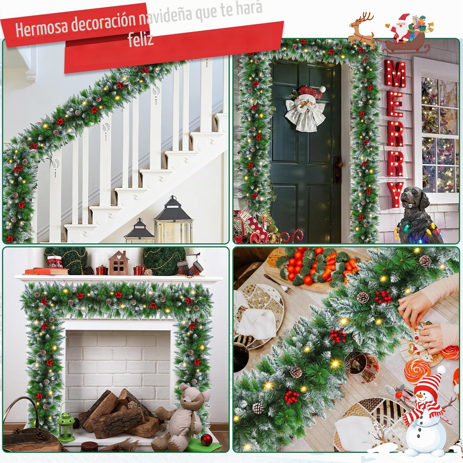Guirnalda navideña con iluminación de 30 LED - 2,7M de guirnalda de abeto con iluminación, esferas florales - decoración navideña de ratán, guirnalda para Navidad para escalera, interior y exterior