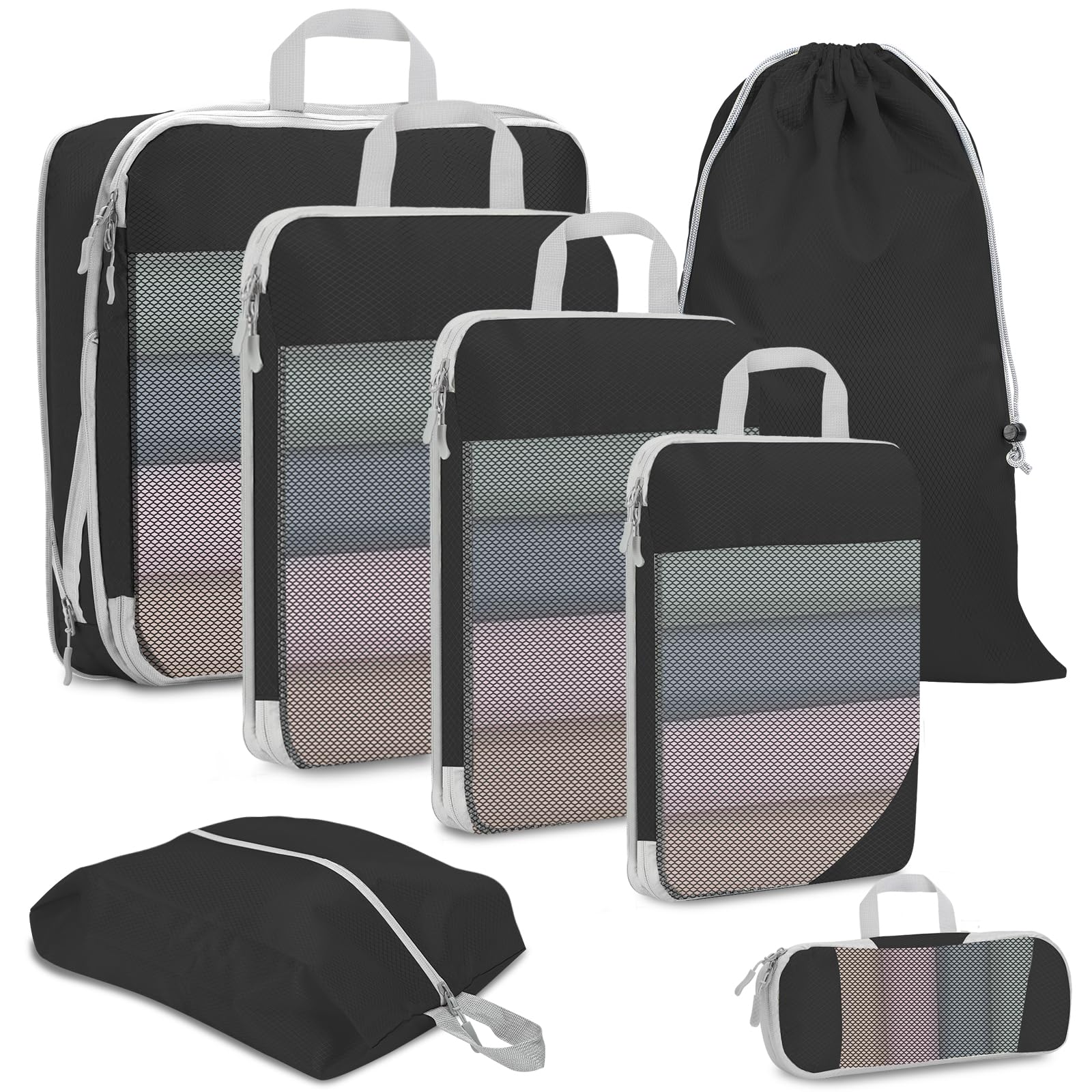 YYDSLEE Kompressions-Packwürfel für Handgepäckkoffer Reise-Organizer-Taschen für Gepäckkompression 7er-Set Erweiterbare Kompressions-Packtaschen für Reiseutensilien + Schuhbeutel/Wäschebeutel