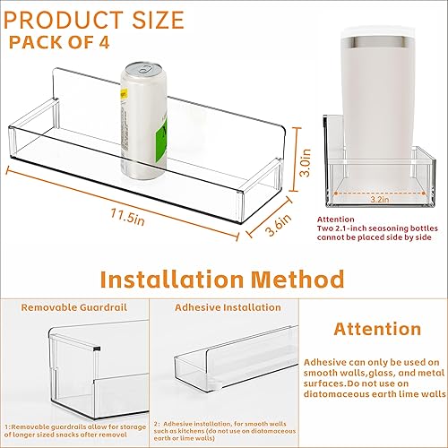 Miniatura 2 de Yieach Paquete de 4 soportes de pared transparentes para especias con adhesivo, 11.5 pulgadas de largo x 3.6 pulgadas de ancho, organizador de