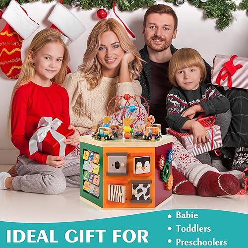 Miniatura 7 de WOODMAM Cubo de actividades de animales de granja, juguetes Montessori de madera 9 en 1, regalo de primer cumpleaños de un año, juego de juguetes